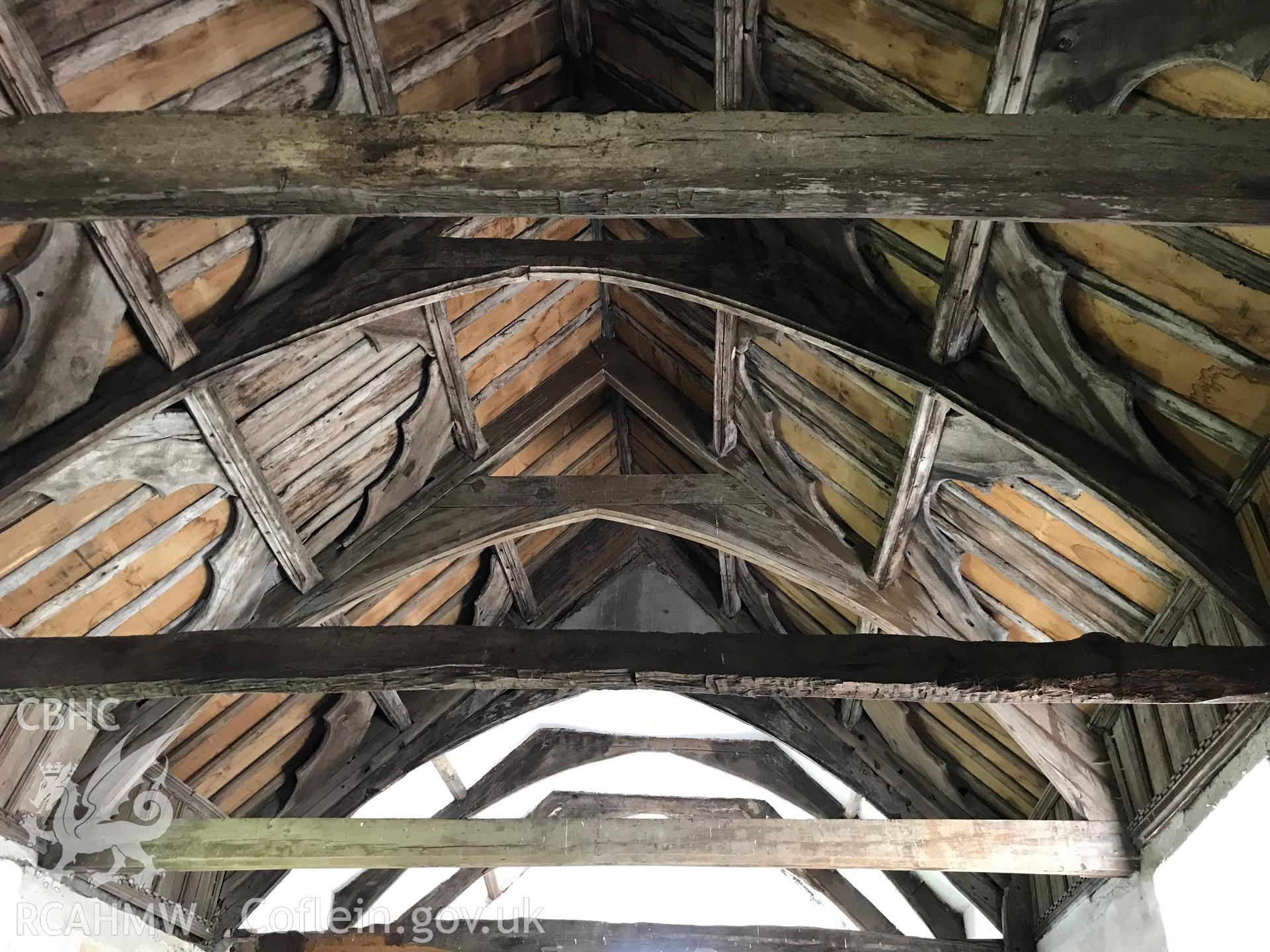 Colour photo showing interior view of the roof at St. Cewydd's Church, Diserth, taken by Paul R. Davis, 19th May 2018.