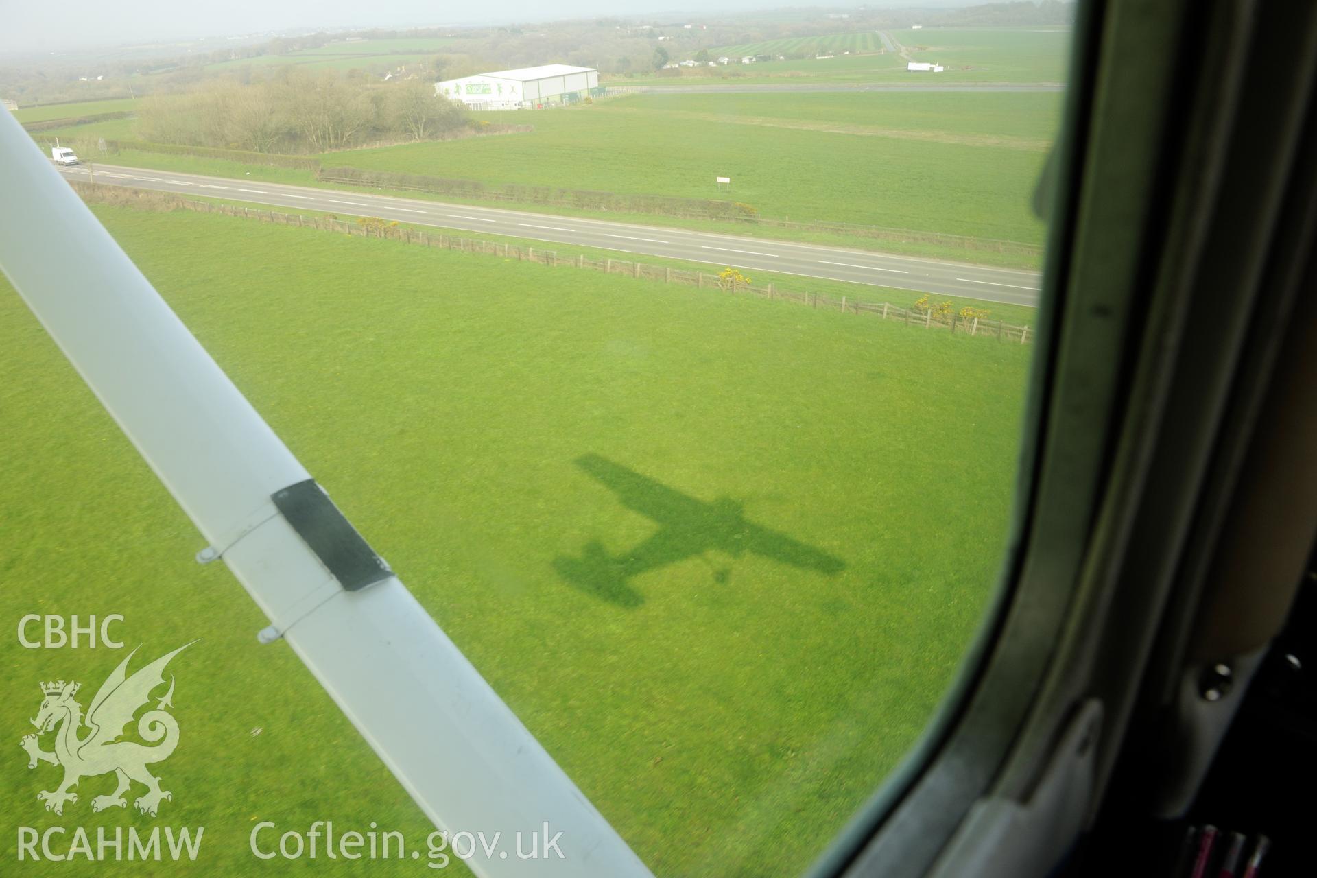 Aerial photography of the final approach to Haverfordwest Airport taken on 27th March 2017. Baseline aerial reconnaissance survey for the CHERISH Project. ? Crown: CHERISH PROJECT 2017. Produced with EU funds through the Ireland Wales Co-operation Programme 2014-2020. All material made freely available through the Open Government Licence.