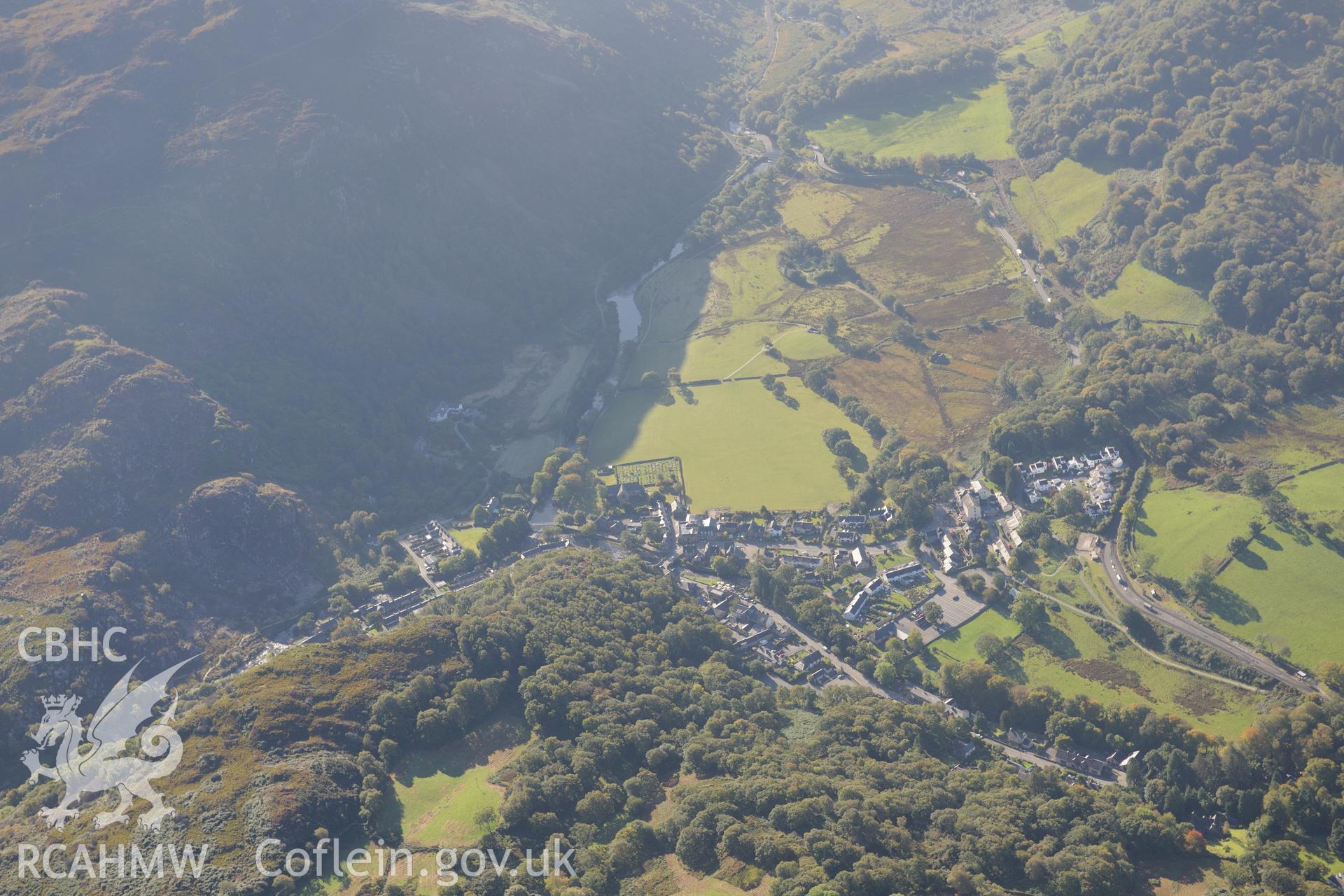 Beddgelert, with St. Mary's church and graveyard. Oblique aerial photograph taken during the Royal Commission's programme of archaeological aerial reconnaissance by Toby Driver on 2nd October 2015.