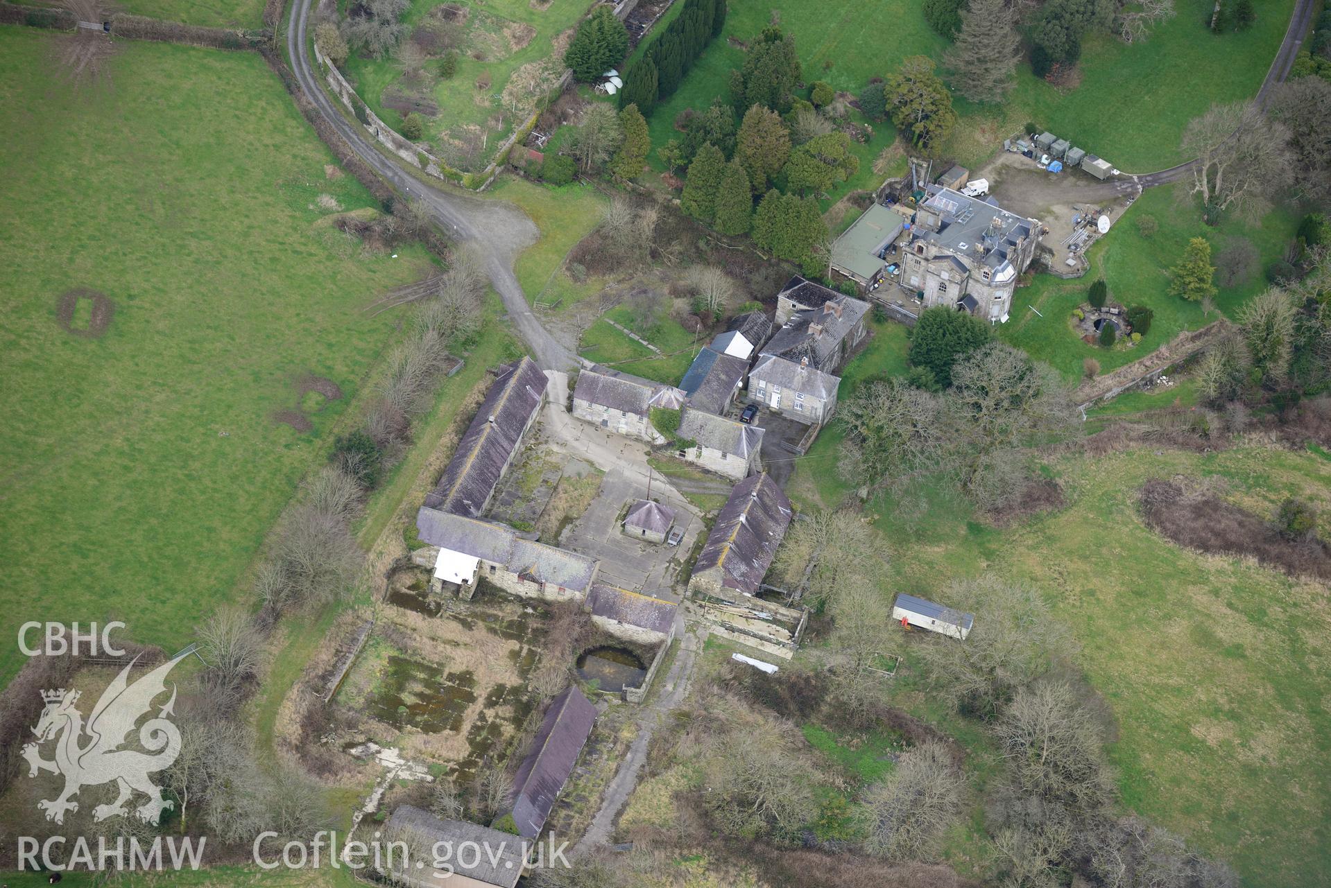 Pentre mansion, farmhouse and cottage, near Newchapel, Boncath. Oblique aerial photograph taken during the Royal Commission's programme of archaeological aerial reconnaissance by Toby Driver on 13th March 2015.