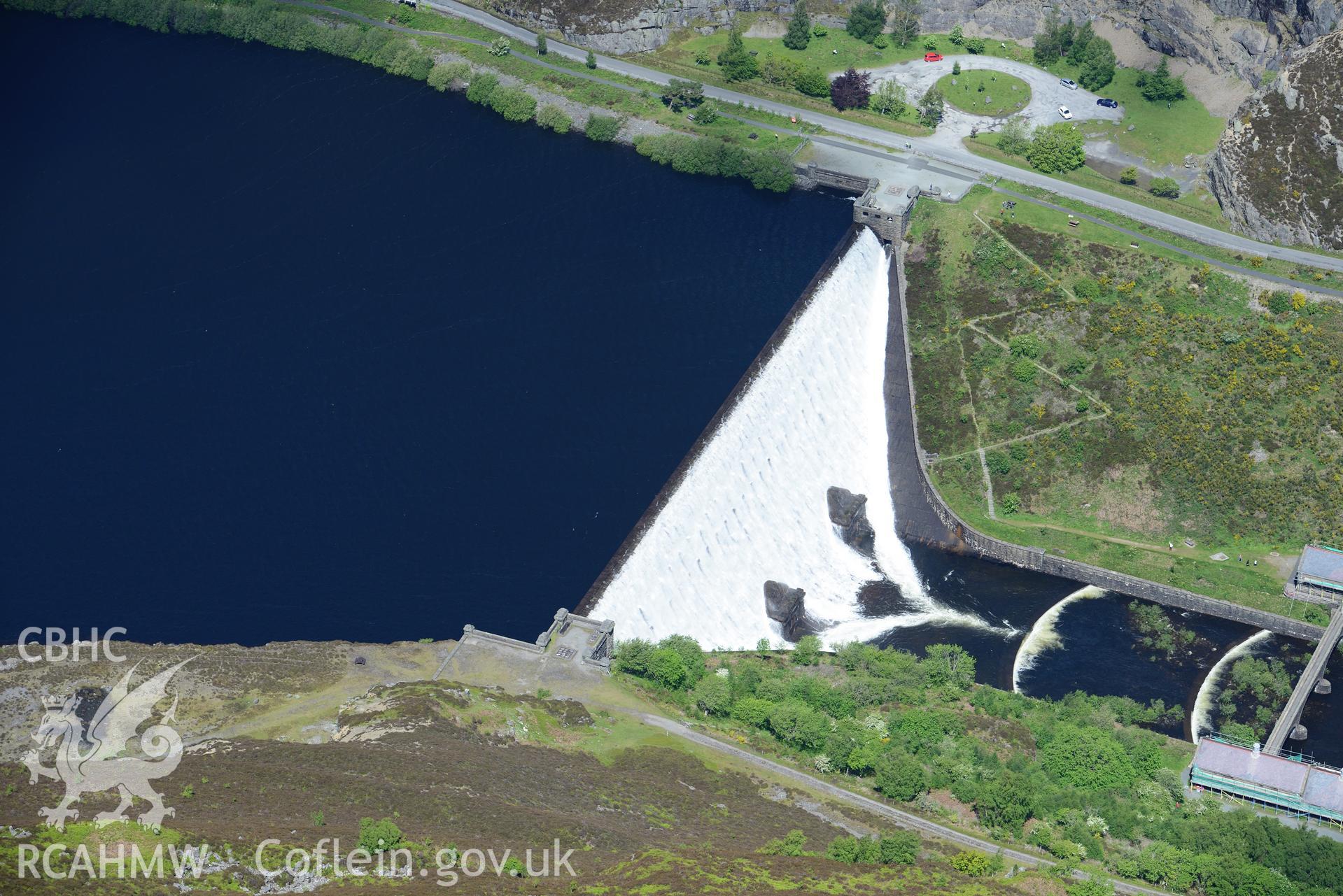 Caban Coch reservoir; dam and hydro electric station, Elan Valley Water Scheme. Oblique aerial photograph taken during the Royal Commission's programme of archaeological aerial reconnaissance by Toby Driver on 3rd June 2015.