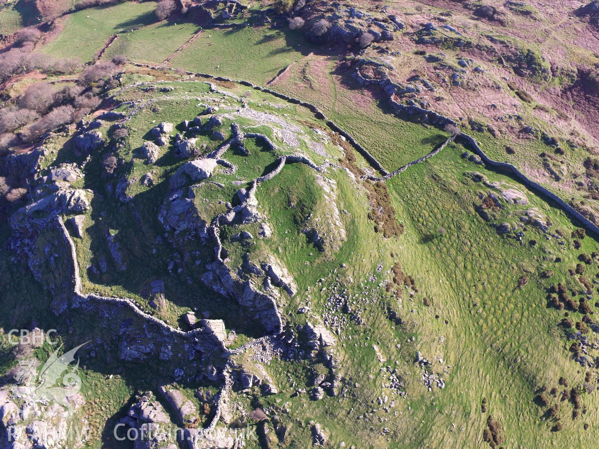 Colour photo showing aerial view of sheepfold south west of Garnedd Wen, taken by Paul R. Davis, 20th April 2018.