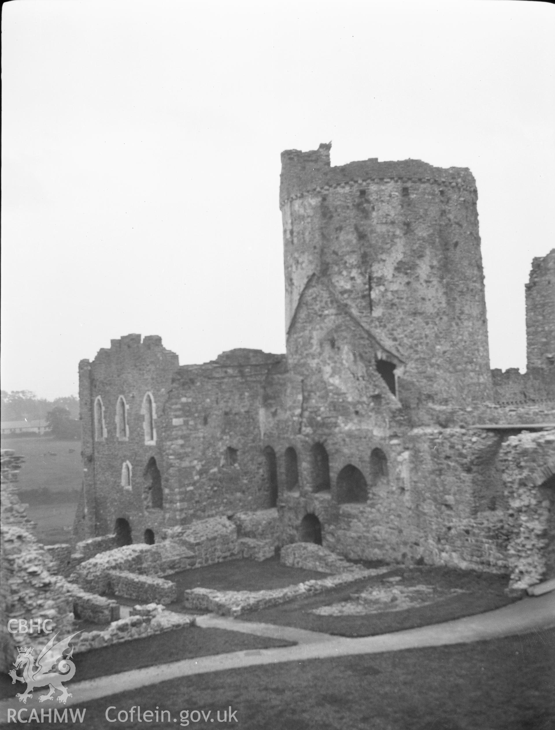 Digital copy of a nitrate negative showing exterior view of chapel, from the north-west, Kidwelly Castle. From the National Building Record Postcard Collection.