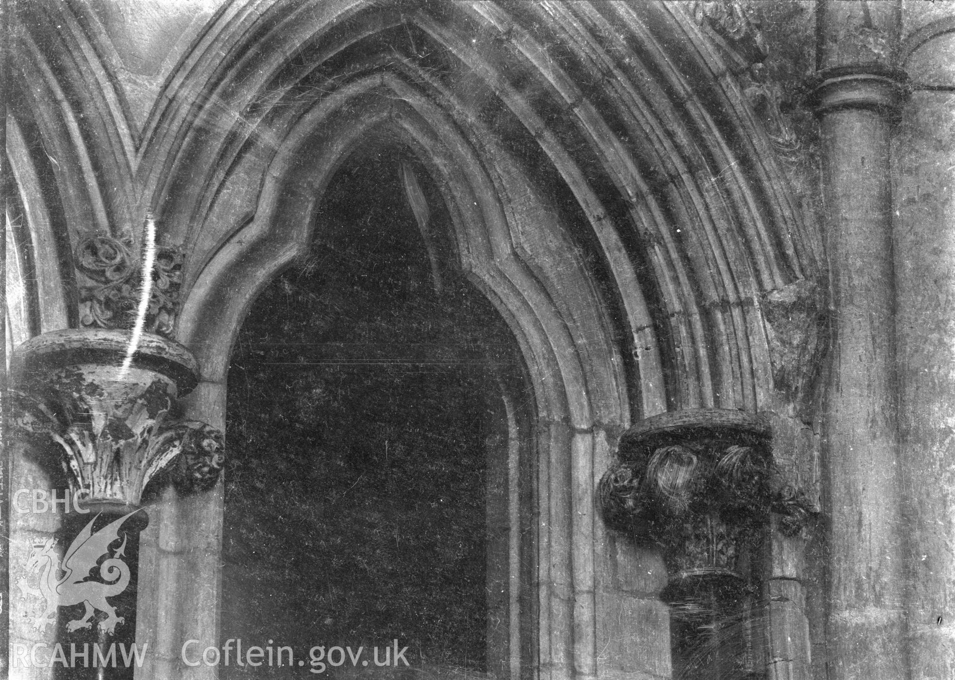Digital copy of a black and white nitrate negative showing exterior view of entrance to St. David's Cathedral, taken by E.W. Lovegrove, July 1936.