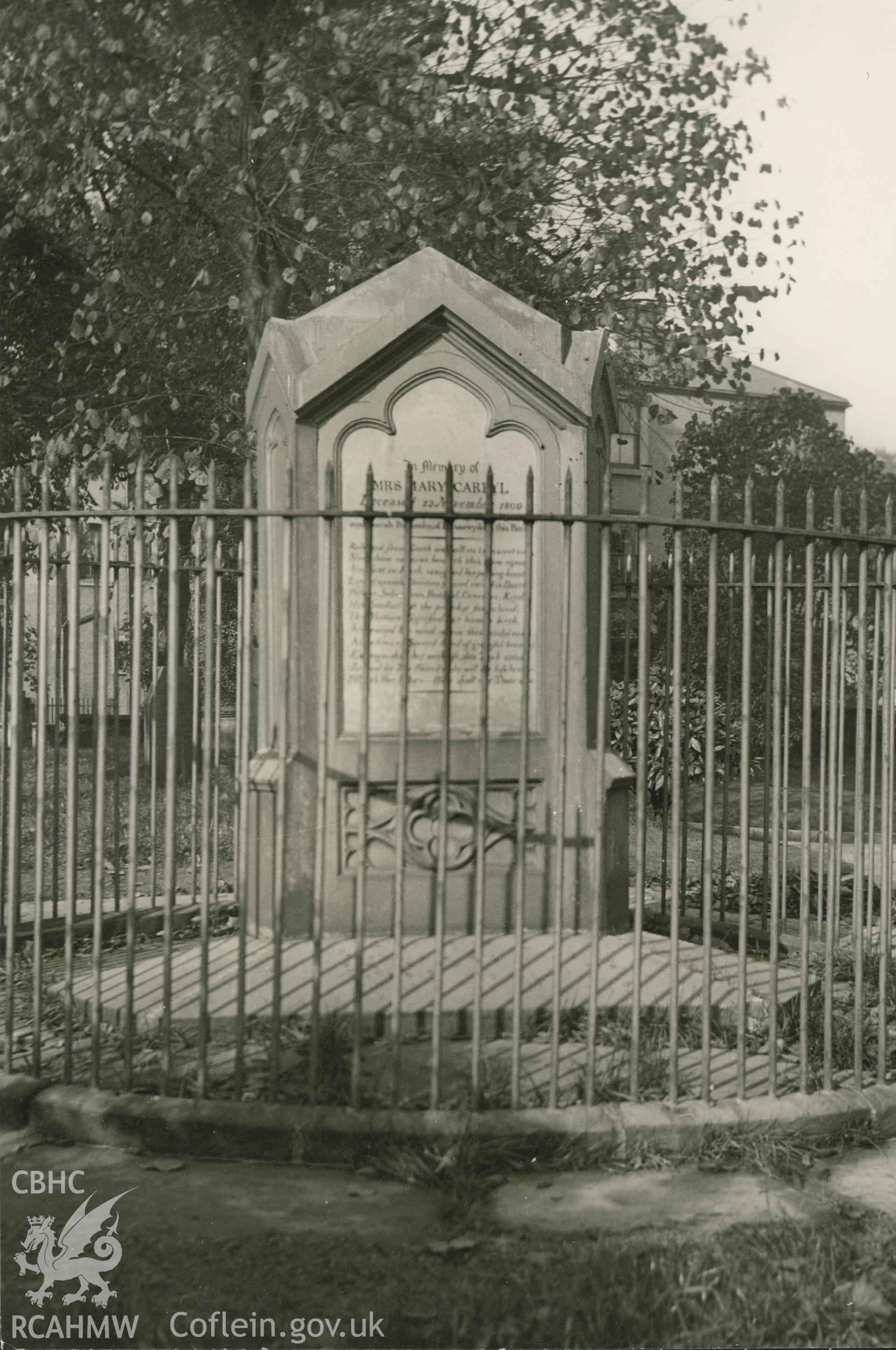 Digital copy of a black and white photo showing a monument in the churchyard at St Collen's Church, Llangollen.
