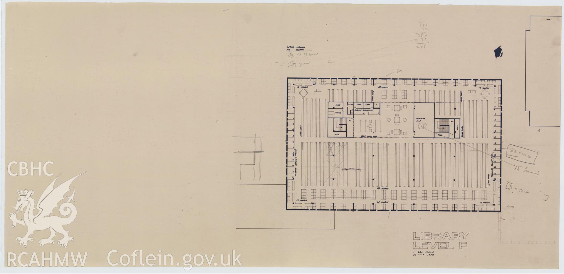 Digital copy of a plan showing Library Level F of the proposed Library Arts Complex at University College Aberystwyth, produced by Percy Thomas Partnership. Scale 1:200.