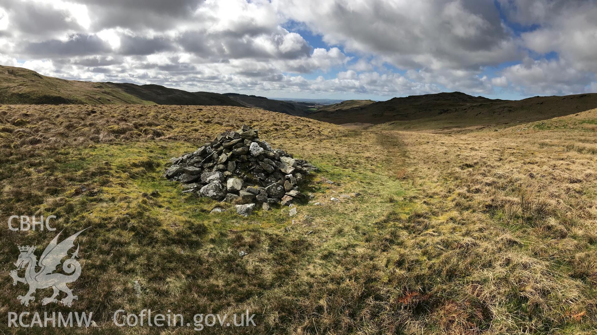 Colour photograph of Banc Blaenegnant round cairn, in the Cambrian Mountains east of Pontrhydfendigaid, taken by Paul R. Davis on 24th March 2019.