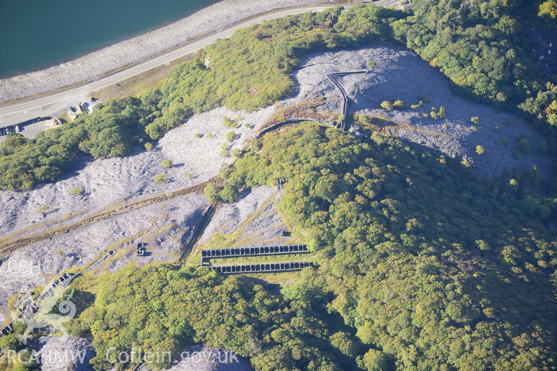Dinorwic quarry barracks, Llanberis. Oblique aerial photograph taken during the Royal Commission's programme of archaeological aerial reconnaissance by Toby Driver on 2nd October 2015.