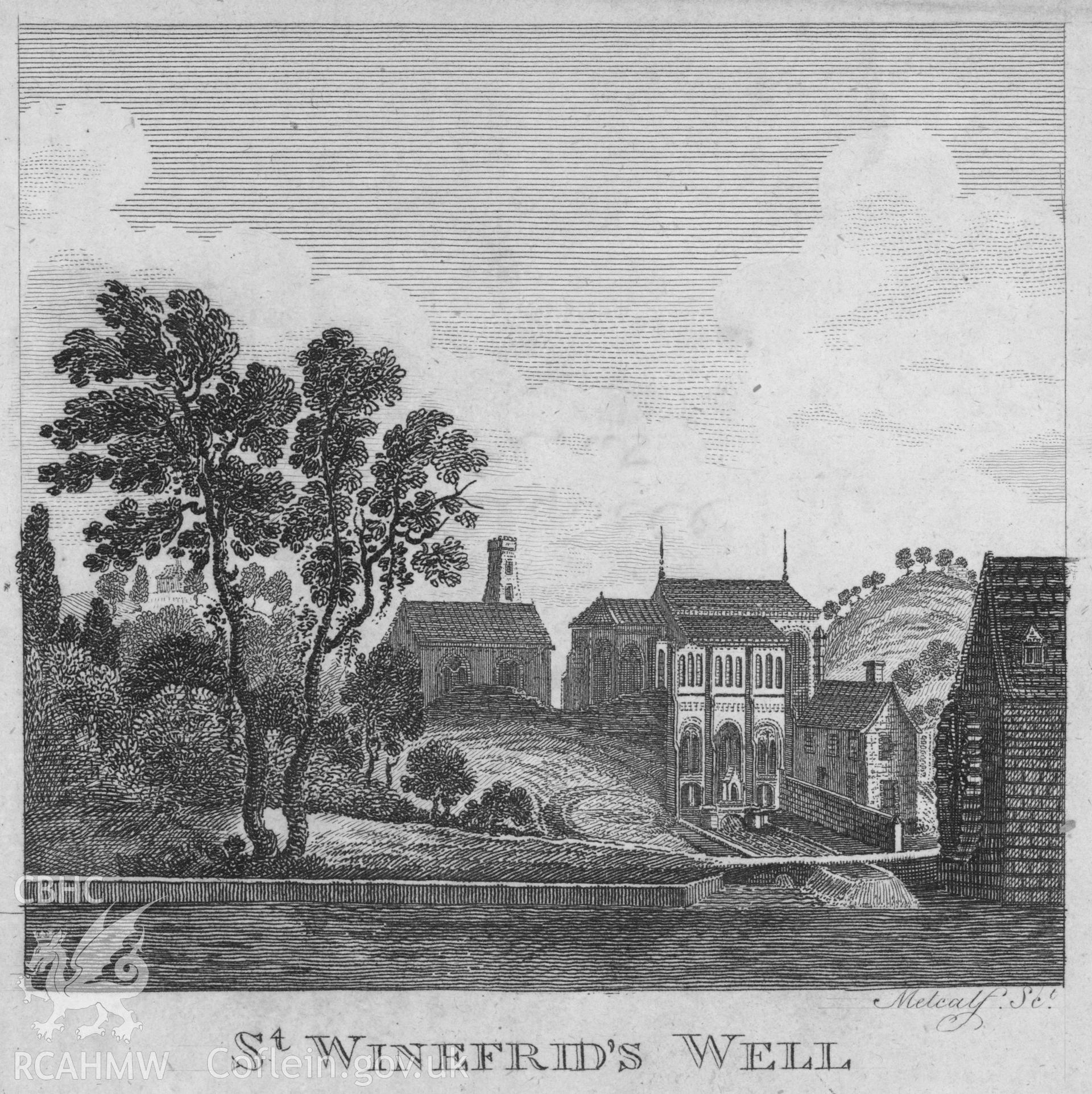 Digital copy of an etching showing St Winifreds Well.