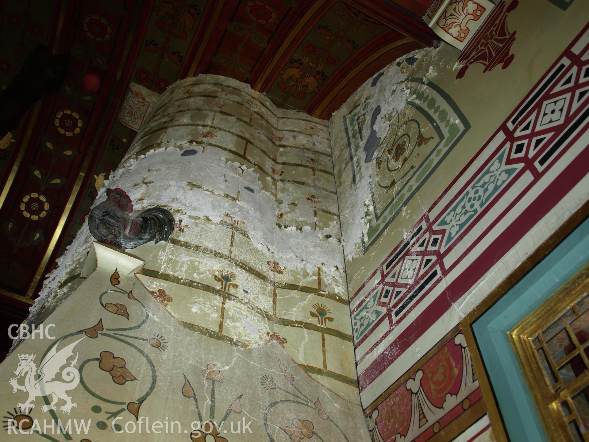 Highly decorated wall in Lord Bute's Bedroom at Castell Coch, 1/4/2019. From "Castell Coch, Tongwynlais, Cardiff. Archaeological Building Investigation & Recording & Watching Brief" by Richard Scott Jones, Heritage Recording Services Wales. Report No 202.