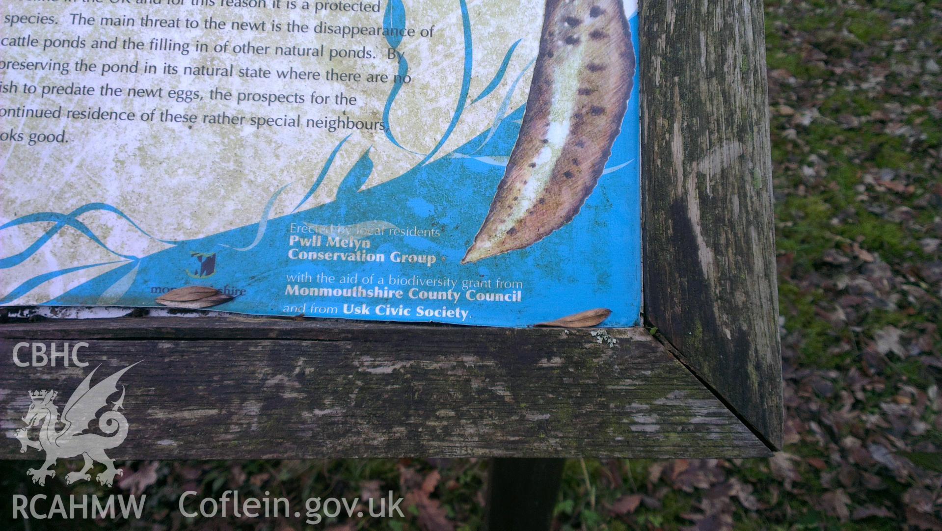 Digital colour photograph of lower right-hand corner of information board at Pwll Melyn battlefield. Photographed during Phase 3 of the Welsh Battlefield Metal Detector Survey, carried out by Archaeology Wales, 2012-2014. Project code: 2041 - WBS/12/SUR.