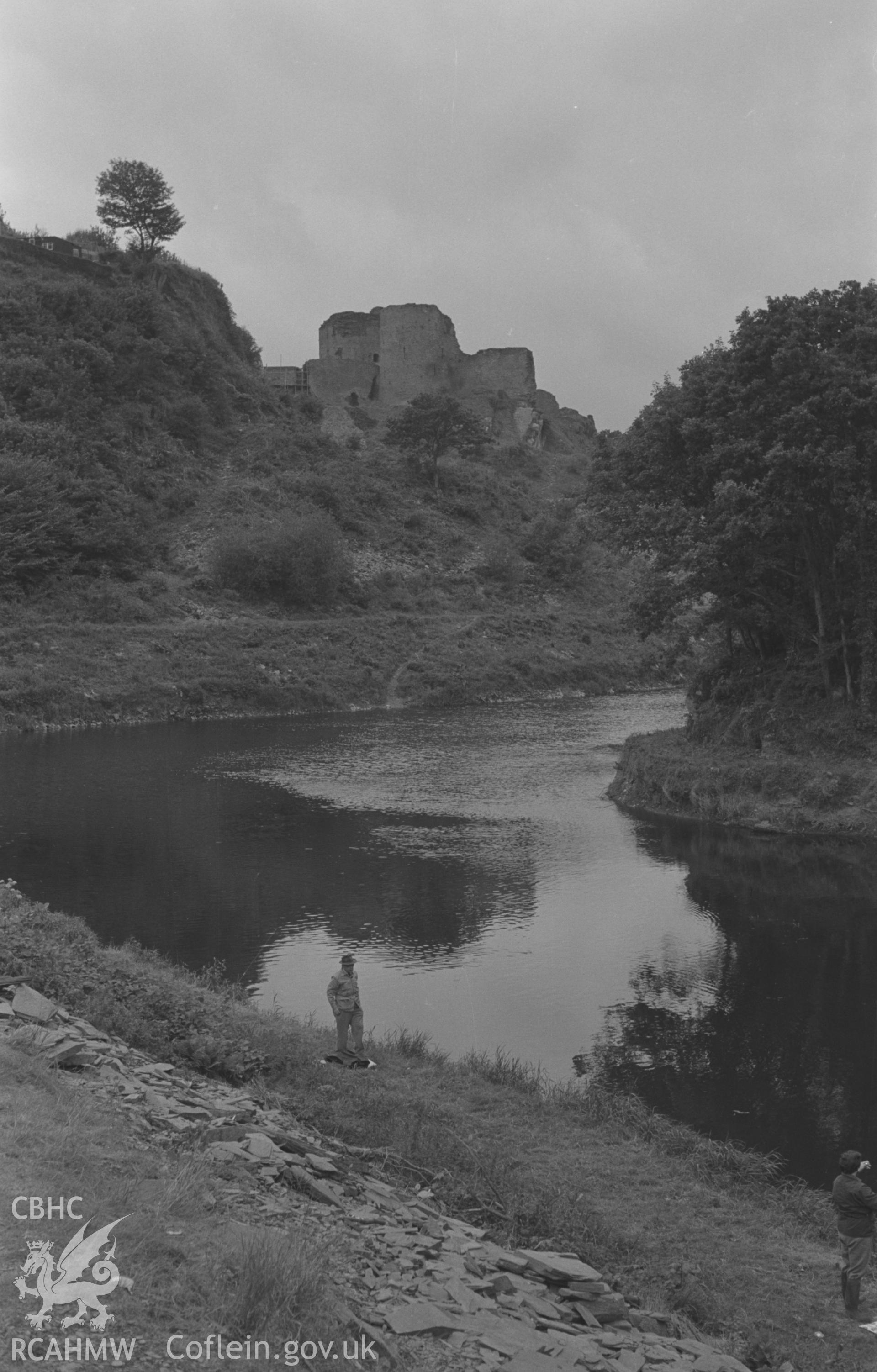 Digital copy of a black and white negative showing Cilgerran castle overlooking the Teifi. Photographed in September 1963 by Arthur O. Chater from Grid Reference SN 1980 4296, looking west north west.