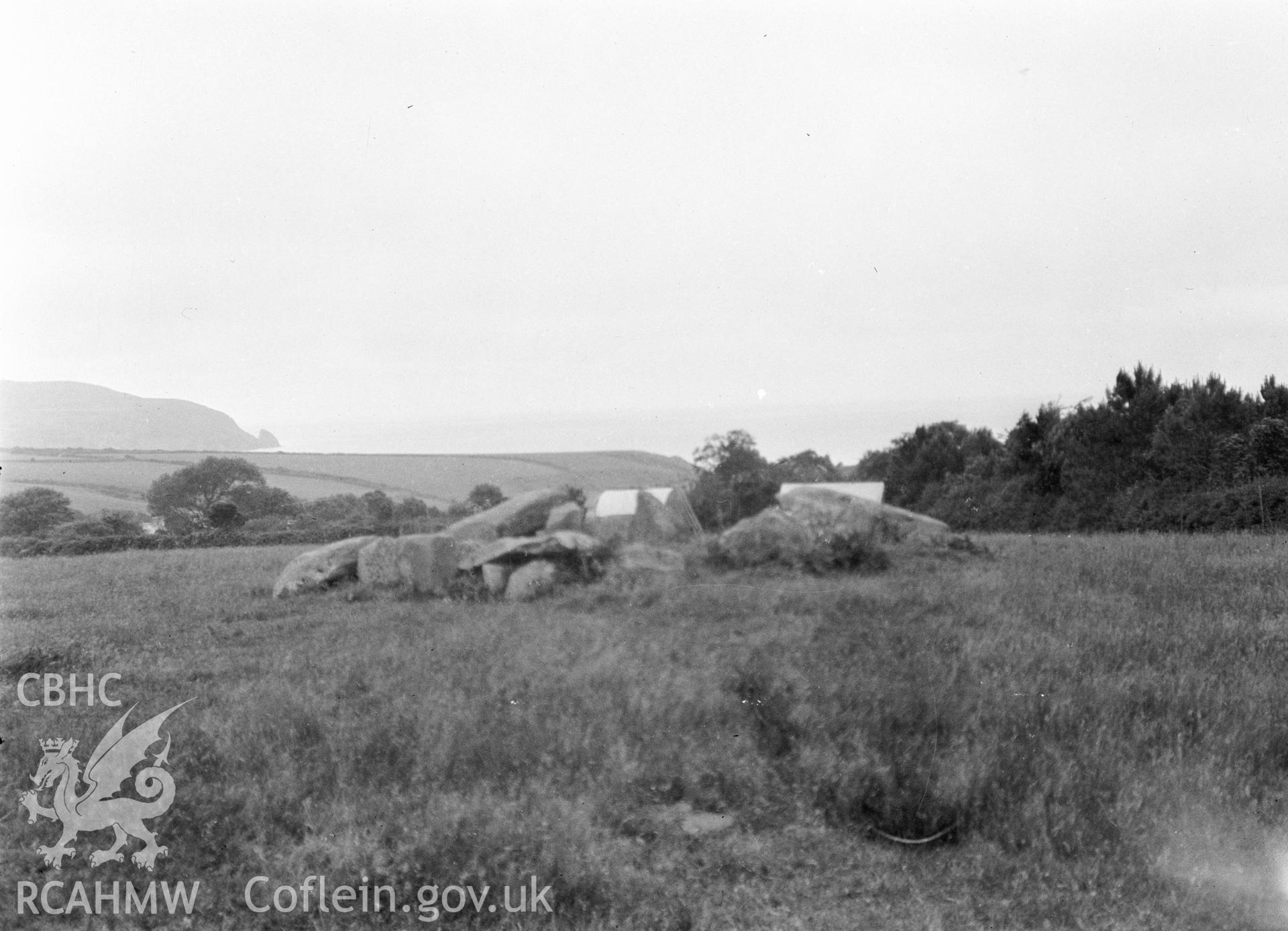 Digital copy of a nitrate negative showing view of Cerrig y Gof Burial Chamber.