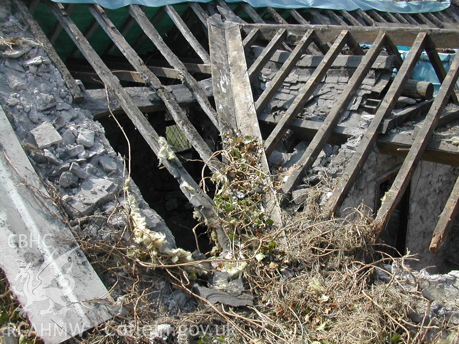 Colour photograph showing detailed exterior view of exposed roof timbers at Rosacre, Gronant, Prestatyn. Unknown date. Donated by the Conservation Department of Flintshire County Council, in advance of relocation to new offices.
