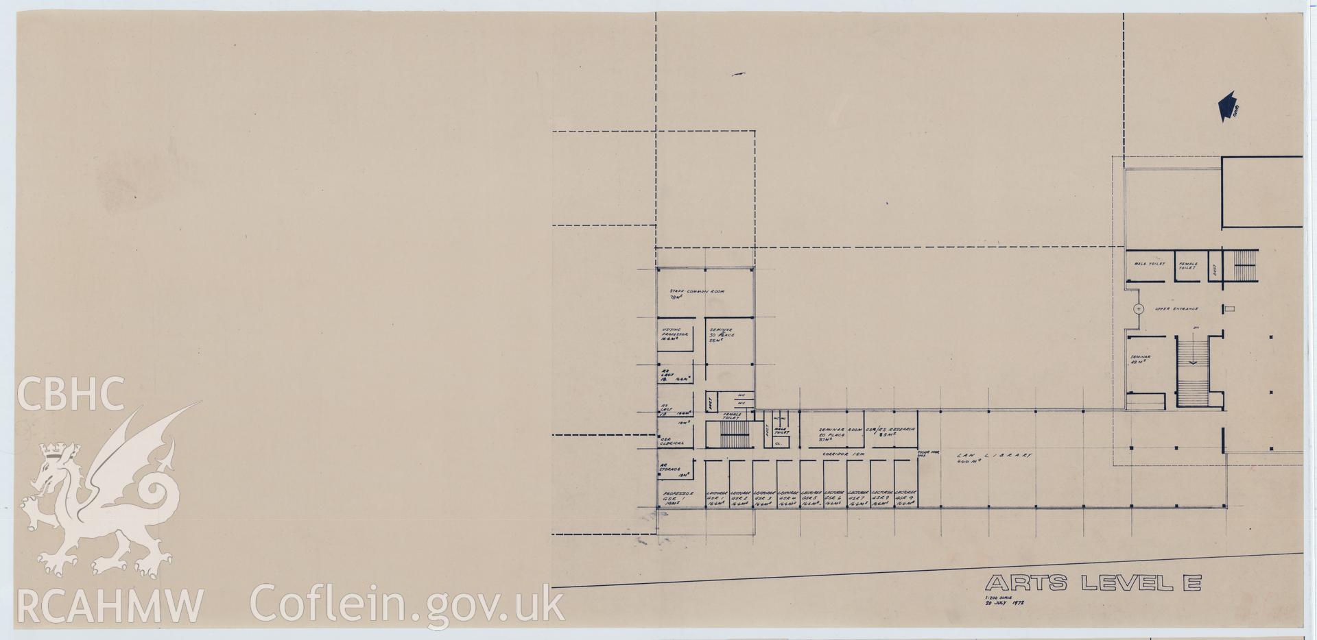 Digital copy of a plan showing Arts Level E of the proposed Library Arts Complex at University College Aberystwyth, produced by Percy Thomas Partnership. Scale 1:200