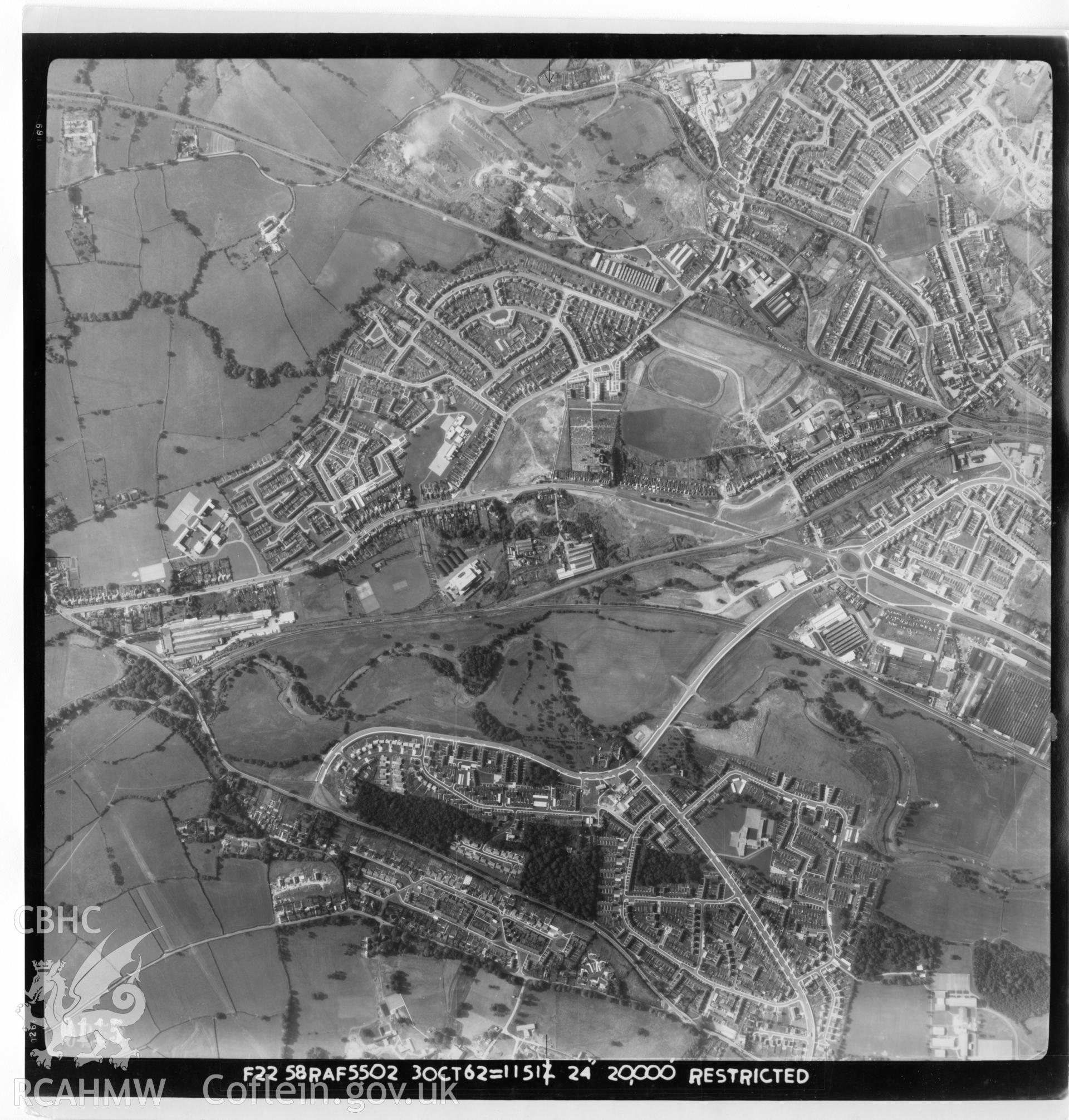 Aerial photograph of Cwmbran, taken on 3rd October 1962. Included as part of Archaeology Wales' desk based assessment of former Llantarnam Community Primary School, Croeswen, Oakfield, Cwmbran, conducted in 2017.