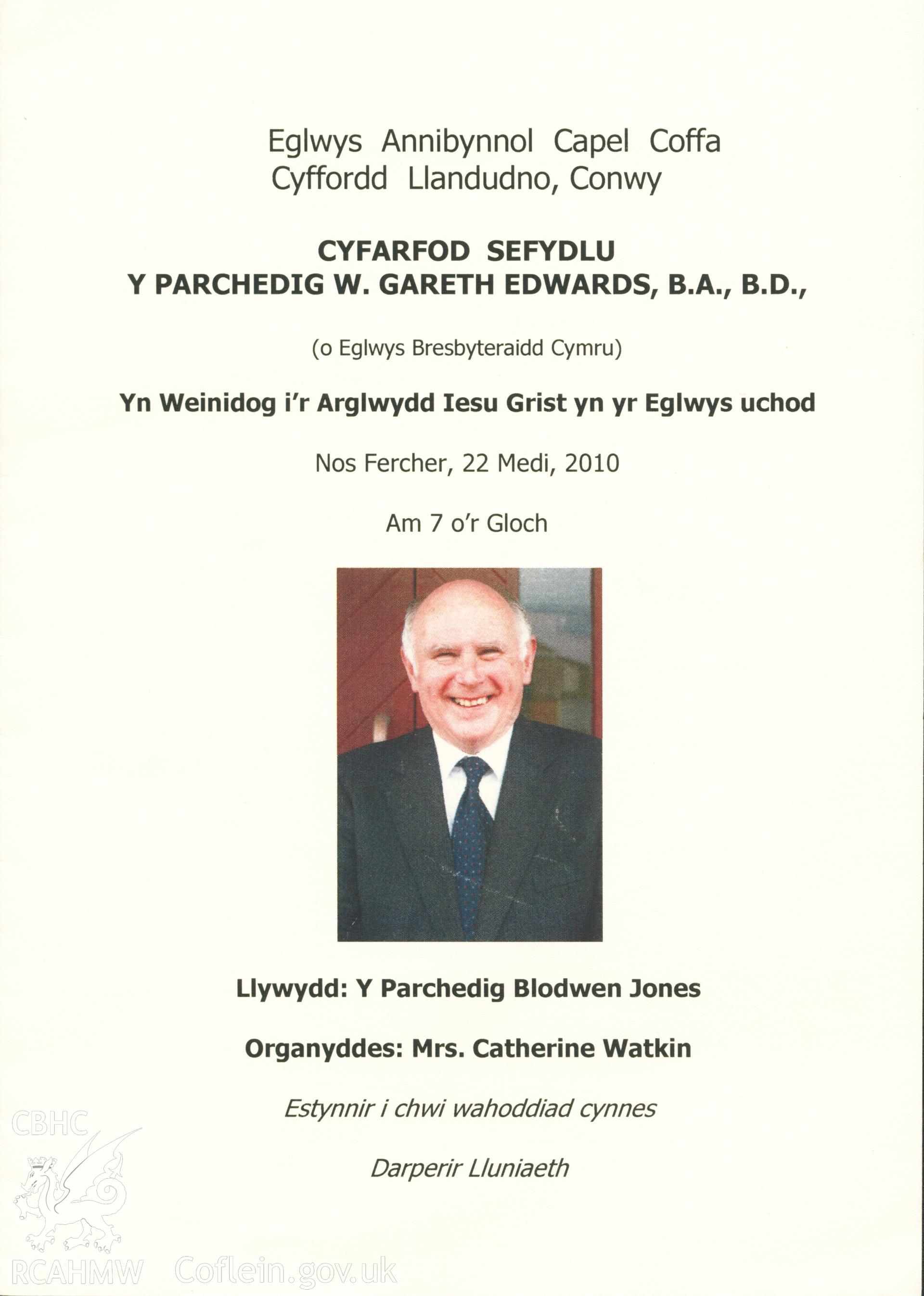 Programme printed for Minister Gareth W. Edwards establishment service 22 Sept 2010 at new chapel after leaving Peniel. Donated as part of the Digital Dissent Project.