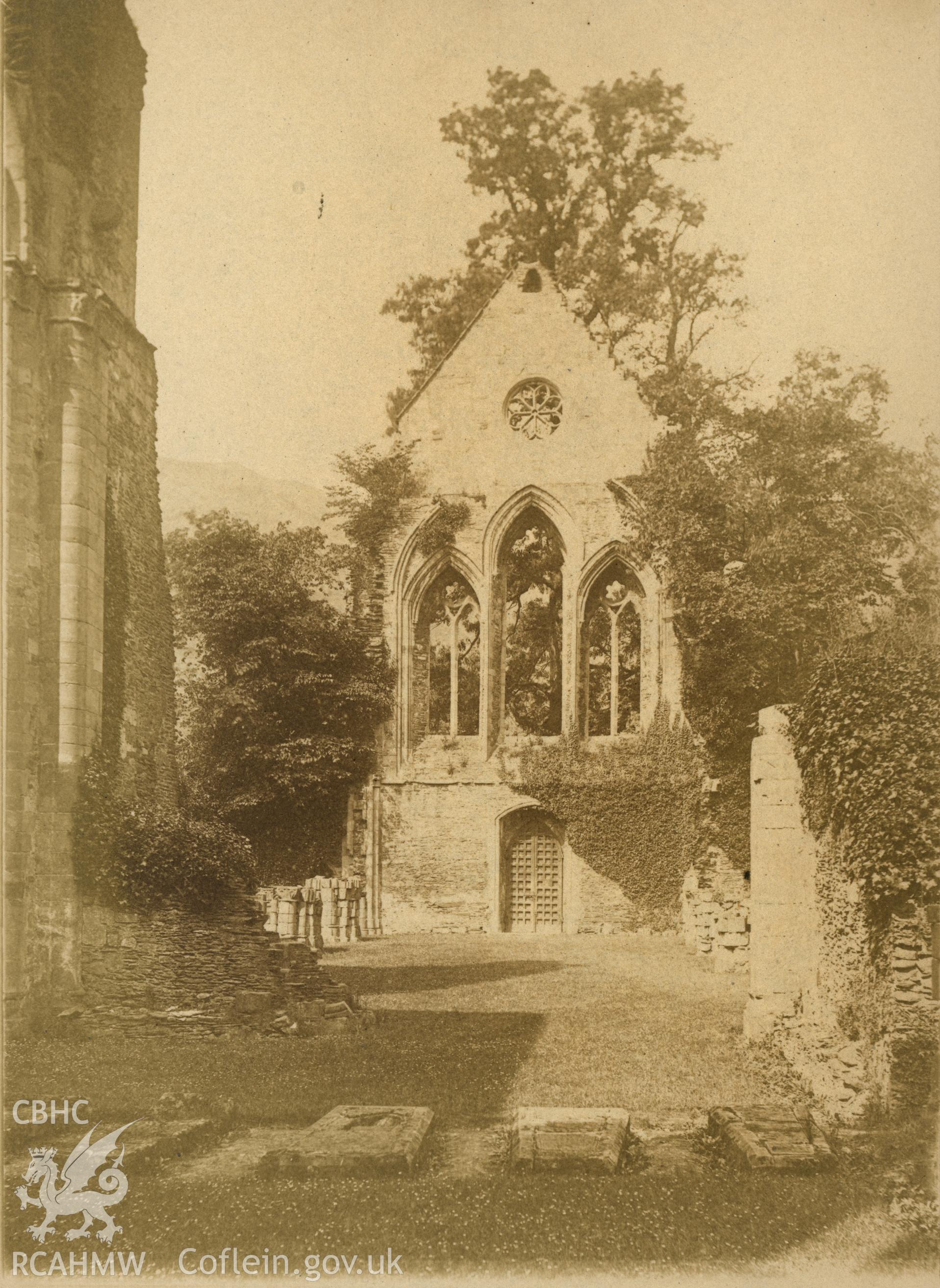 Digital copy of an albumen print showing gable elevation of Valle Crucis Abbey, photo by Fletcher Moss, copyright: Manchester Library.