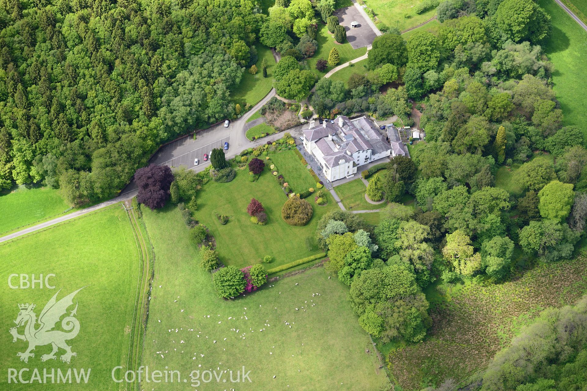 Falcondale mansion and garden, Lampeter. Oblique aerial photograph taken during the Royal Commission's programme of archaeological aerial reconnaissance by Toby Driver on 3rd June 2015.