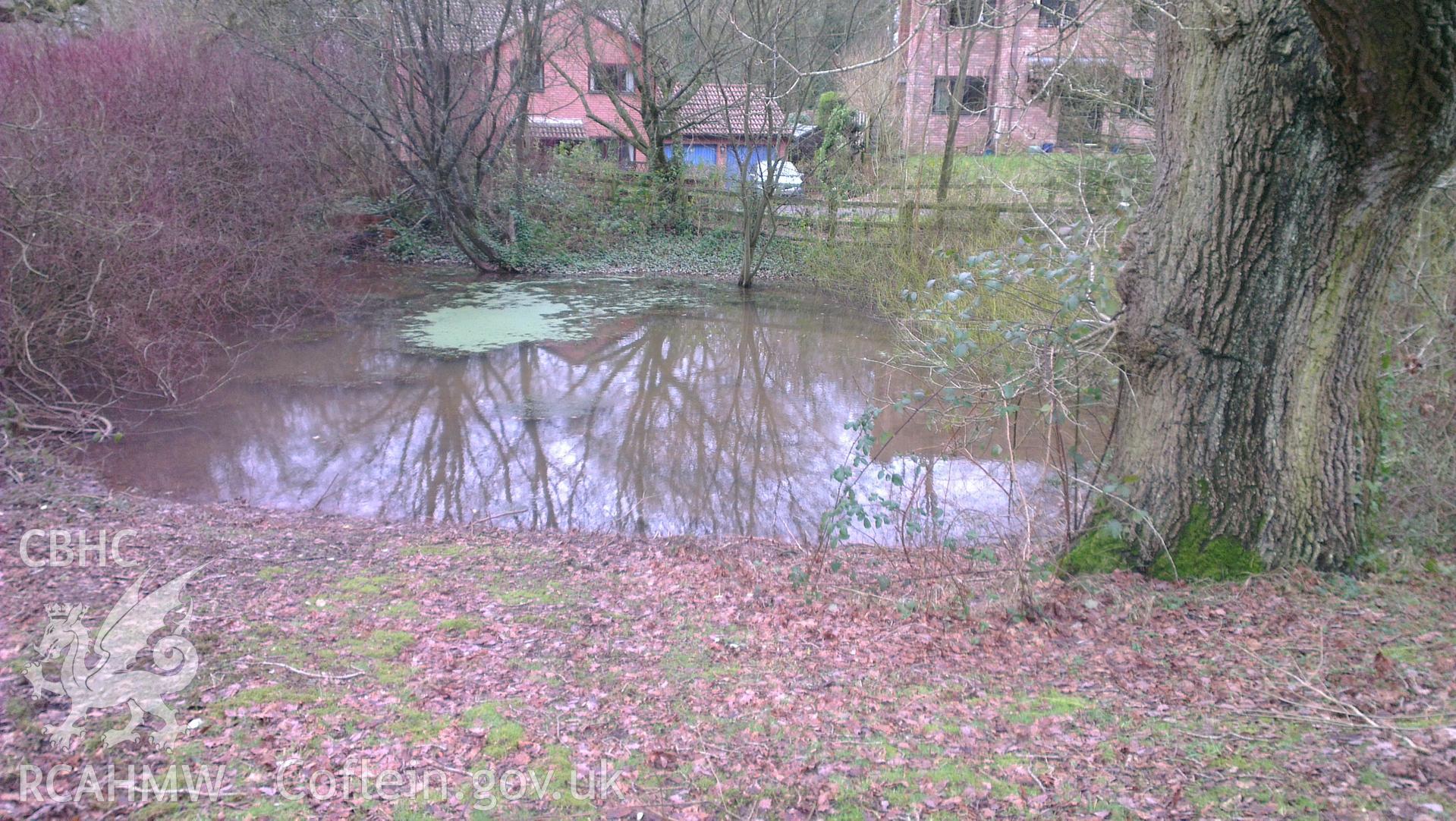 Digital colour photograph of the Castle Oak Pond, near Pwllmelyn battlefield. Photographed during Phase Three of the Welsh Battlefield Metal Detector Survey, carried out by Archaeology Wales, 2012-2014. Project code: 2041 - WBS/12/SUR.