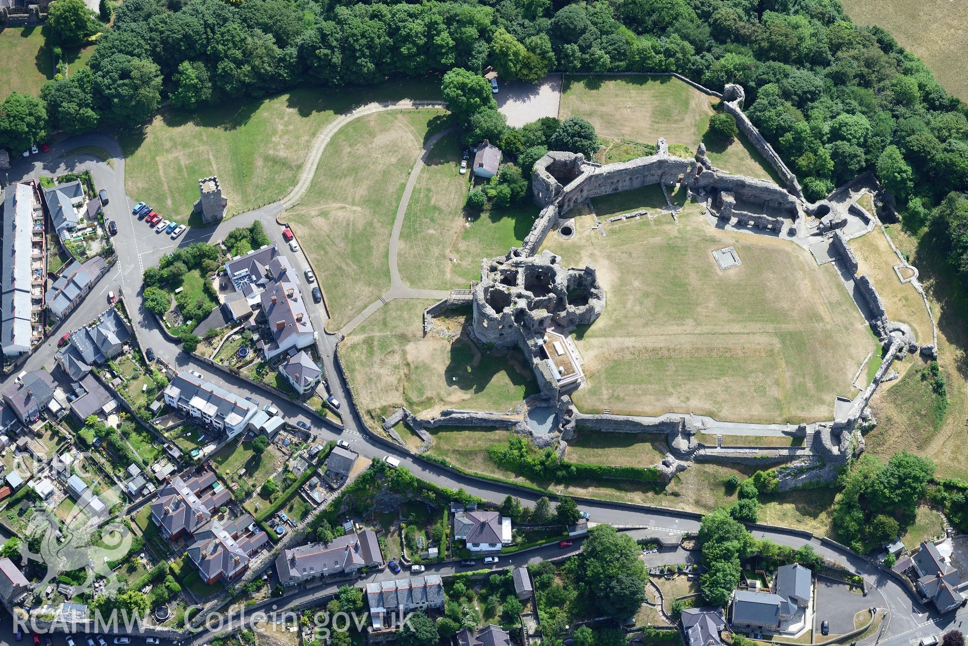 Royal Commission aerial photography of Denbigh Castle with extensive parchmarks taken on 19th July 2018 during the 2018 drought.