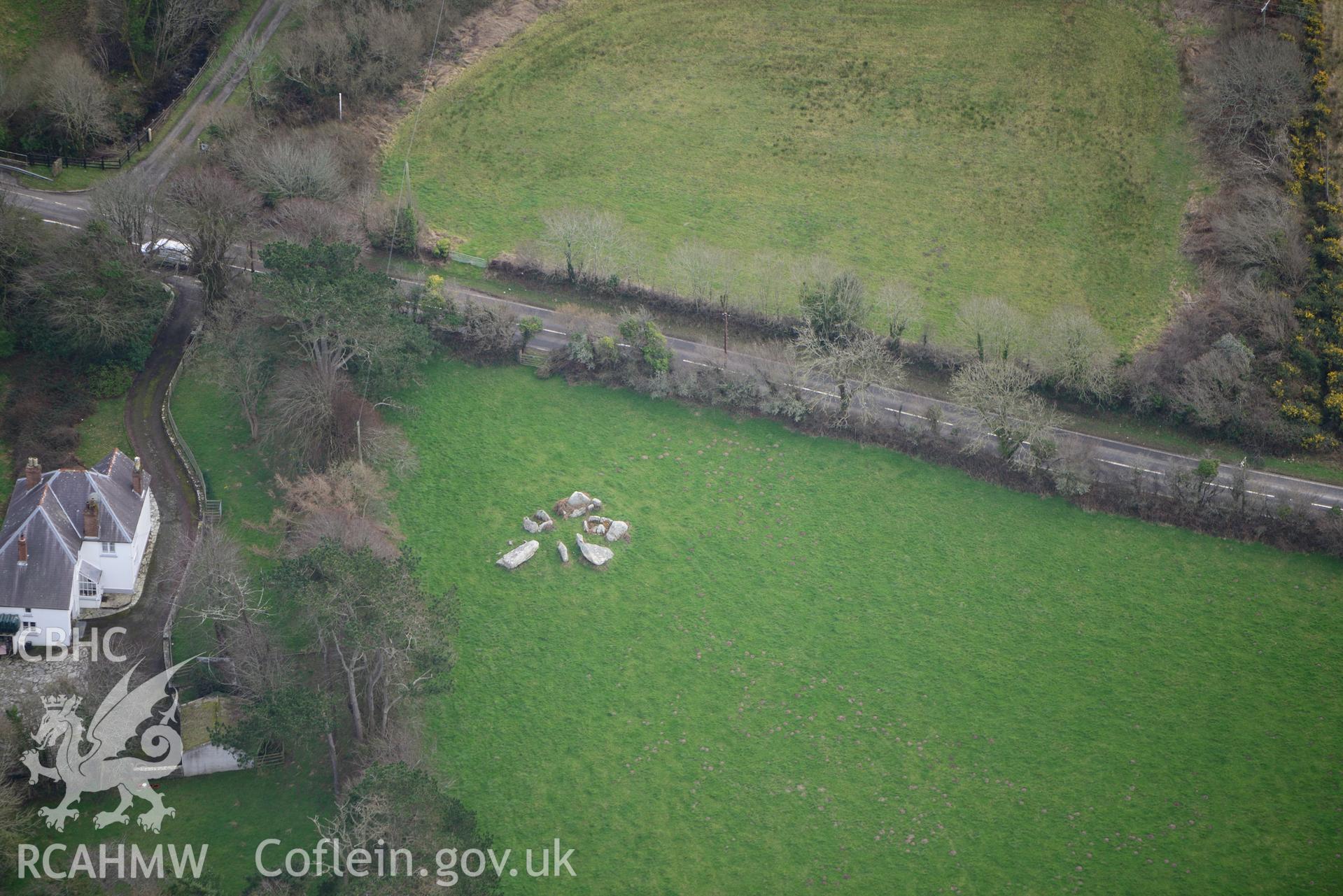 Cerrig-y-Gof chambered tomb. Oblique aerial photograph taken during the Royal Commission's programme of archaeological aerial reconnaissance by Toby Driver on 13th March 2015.