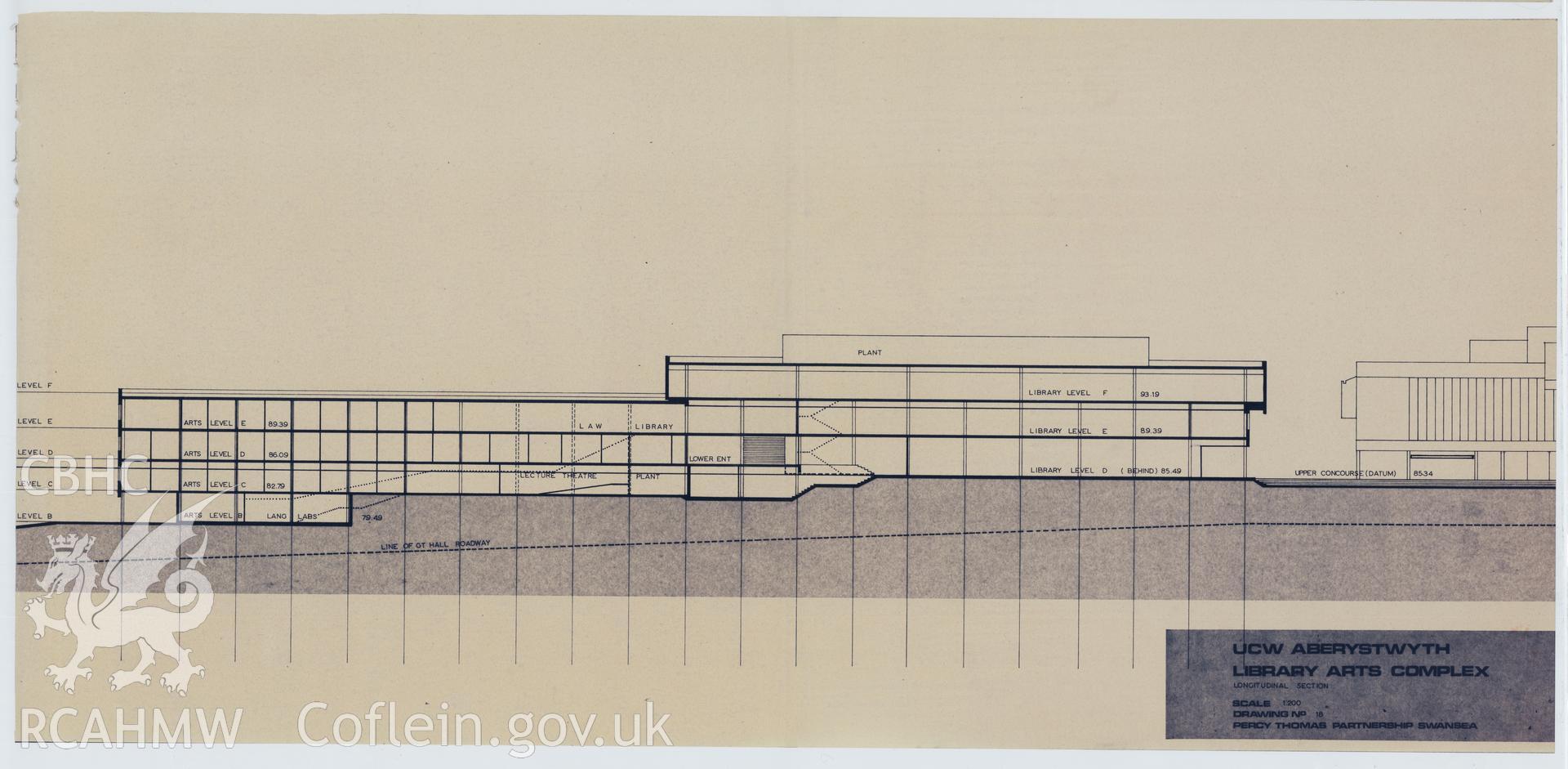 Digital copy of Drawing No 18, longitudinal section at the proposed Library Arts Complex at University College Aberystwyth, produced by Percy Thomas Partnership. Scale 1:200.