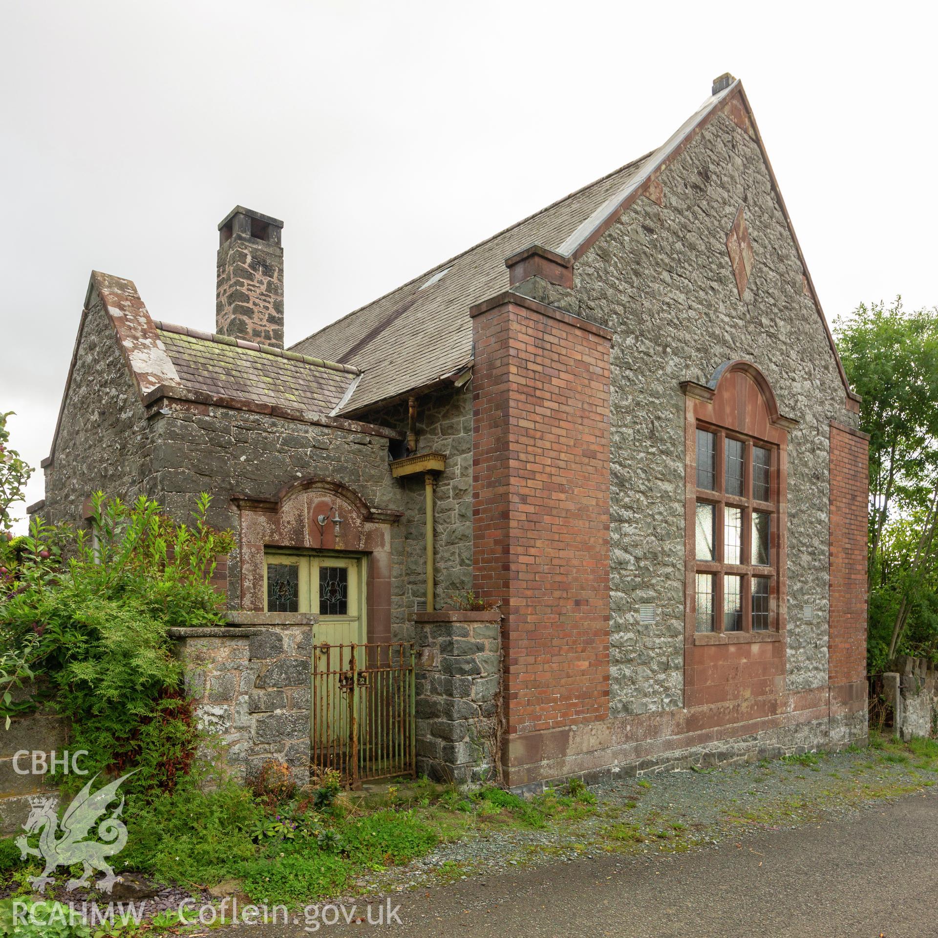 Colour photograph showing front elevation and entrance of Bwlch-y-Cibau Methodist Chapel near Meifod. Photographed by Richard Barrett on 9th September 2018.