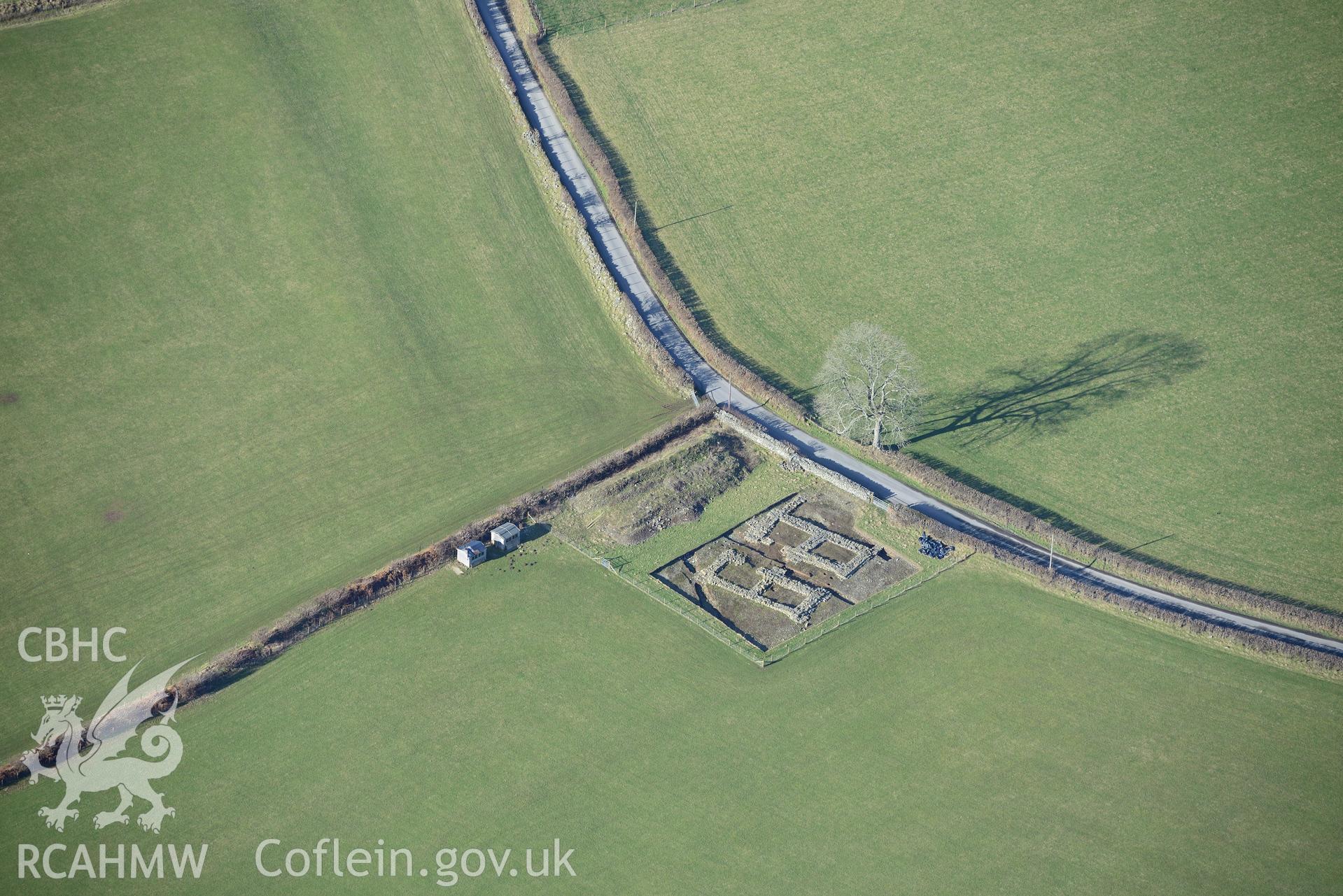 The gatehouse at the Strata Florida Abbey Precinct, south of Pontrhydfendigaid. Oblique aerial photograph taken during the Royal Commission's programme of archaeological aerial reconnaissance by Toby Driver on 4th February 2015.