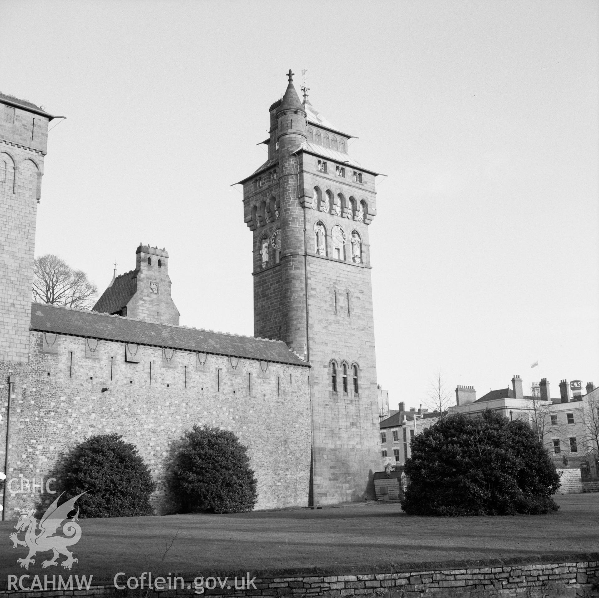 Digital copy of a black and white photograph showing Bute Tower at Cardiff Castle, taken 21st February 1966.