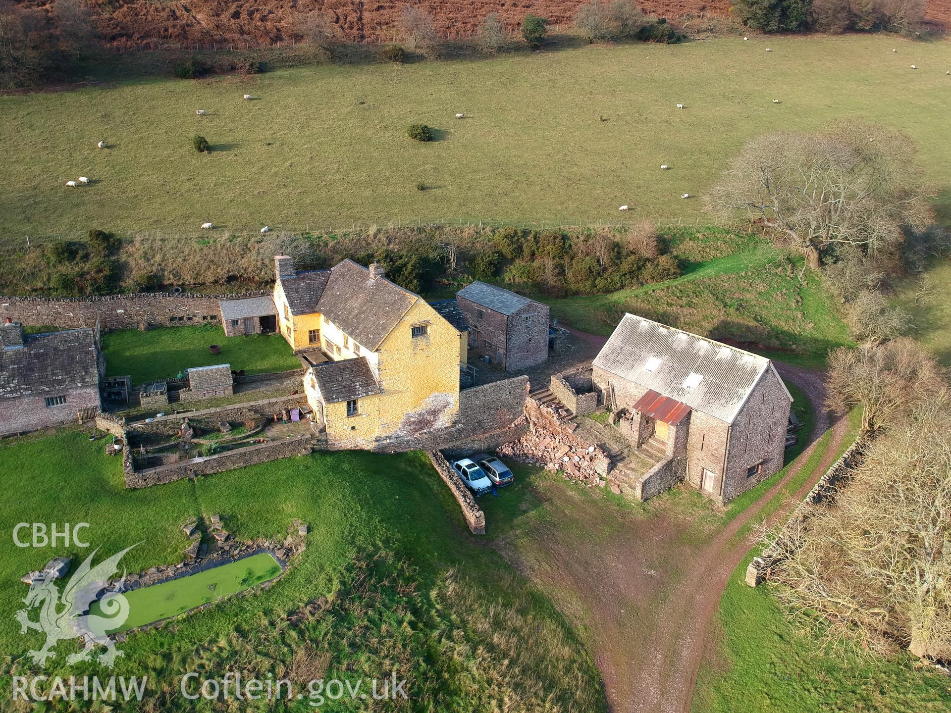 Aerial view of Ty-Hwnt-y-Bwlch, Crucorney. Colour photograph taken by Paul R. Davis on 1st January 2019.