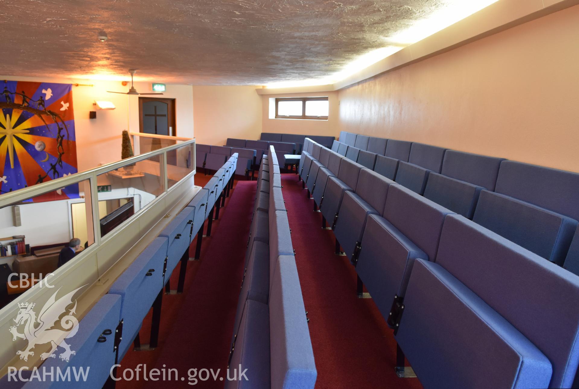 Colour photograph showing interior view of first floor seating at the English Wesleyan Methodist Chapel, Porthcawl, taken during photographic survey conducted by Sue Fielding on 12th May 2018.
