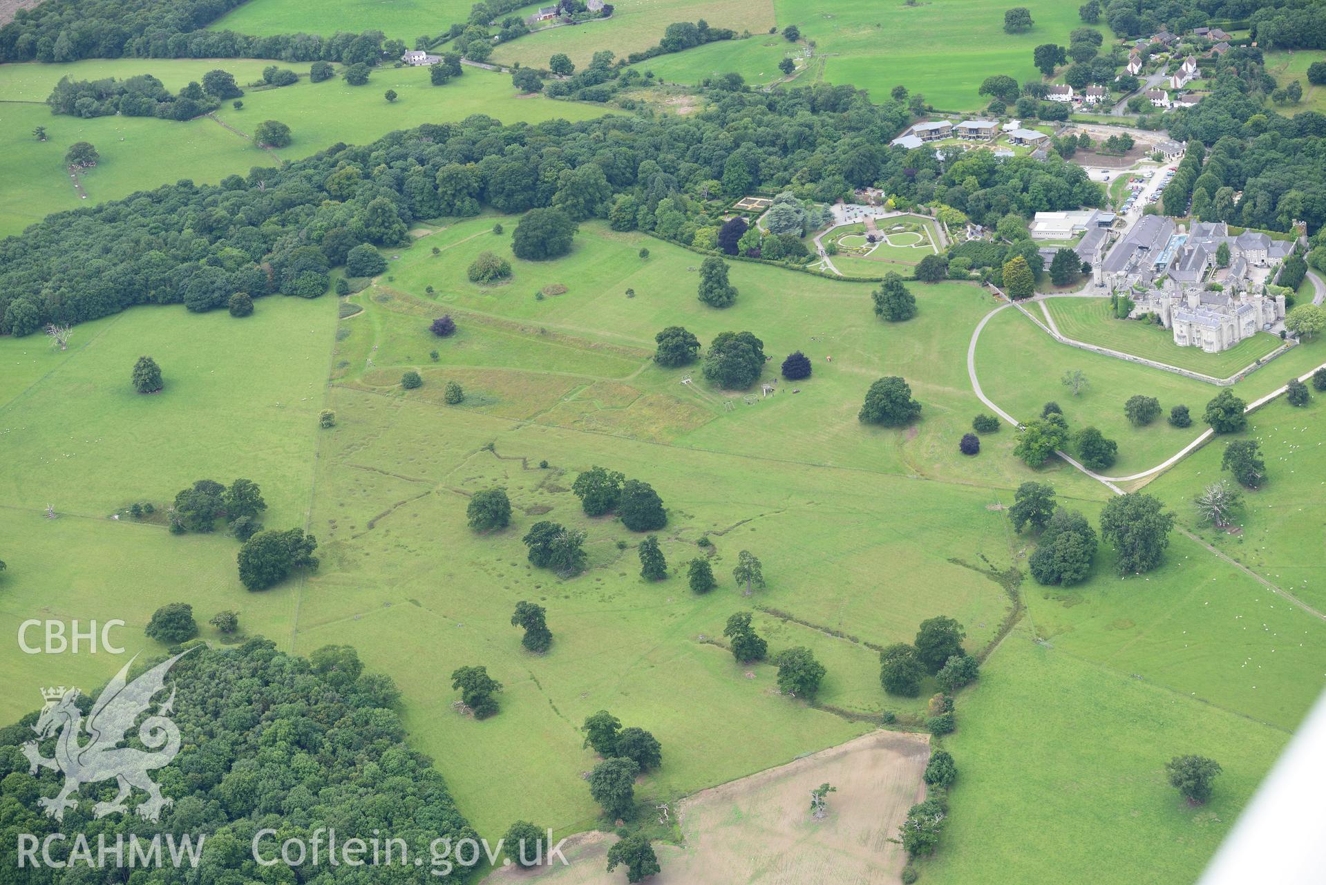 Bodelwyddan Castle, garden and park army practise trenches. Oblique aerial photograph taken during the Royal Commission's programme of archaeological aerial reconnaissance by Toby Driver on 30th July 2015.
