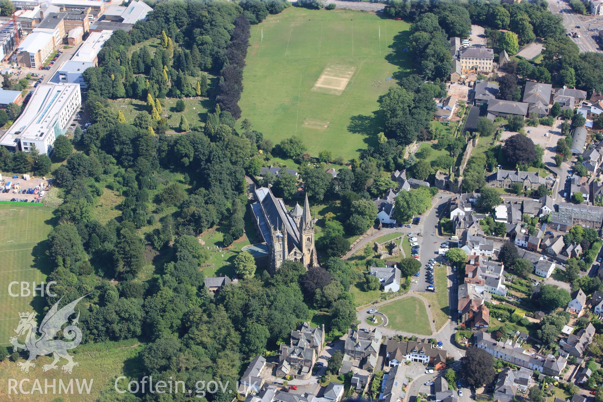 Llandaff Cathedral & its school; Bishop's Castle; Old Bishop's Palace; Institute of Higher Education & Pontcanna Fields, Cardiff. Oblique aerial photograph taken during RCAHMW?s programme of archaeological aerial reconnaissance by Toby Driver, 1 Aug 2013.