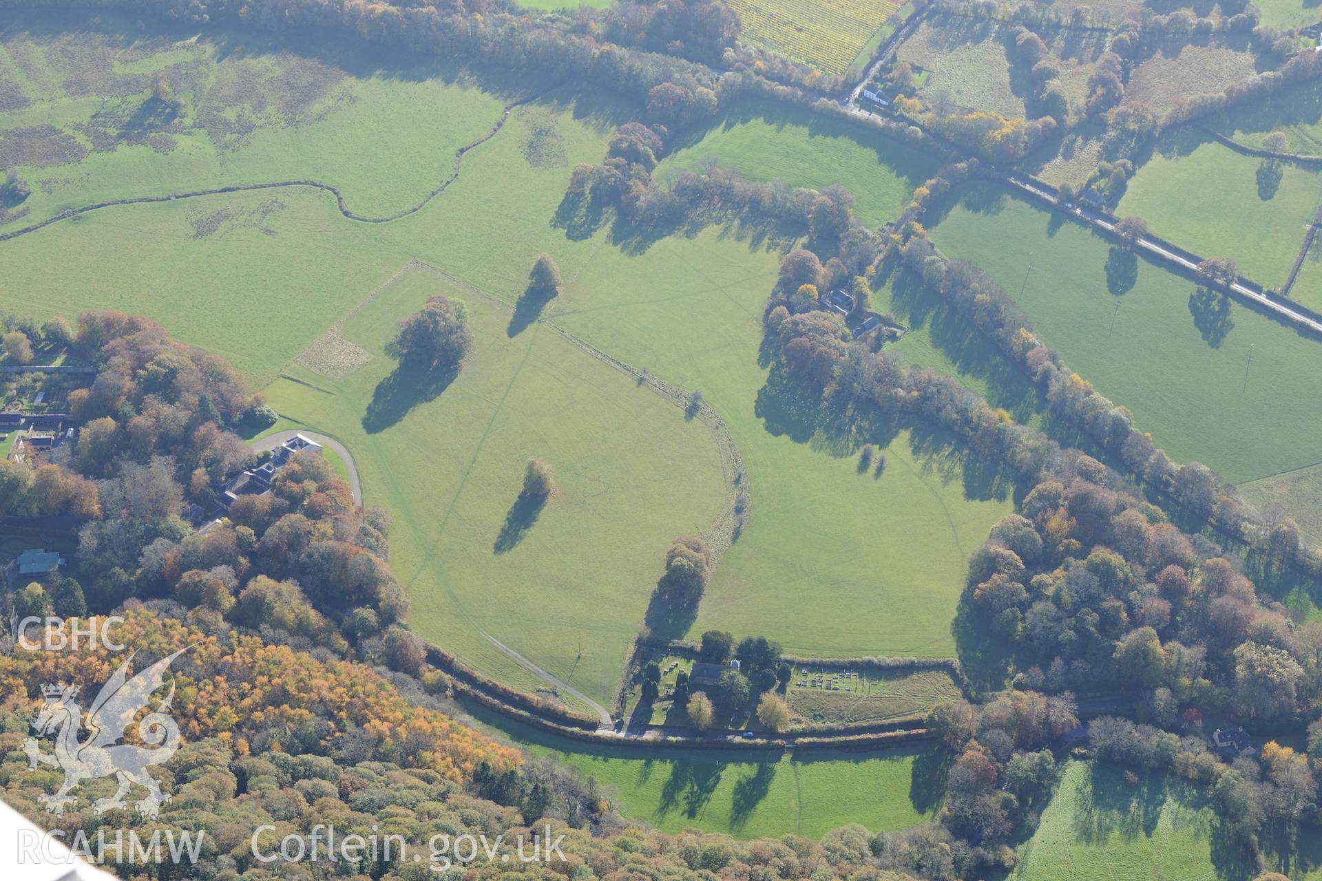 St. Non's church and associated graveyard, near Llanerchaeron. Oblique aerial photograph taken during the Royal Commission's programme of archaeological aerial reconnaissance by Toby Driver on 2nd November 2015.
