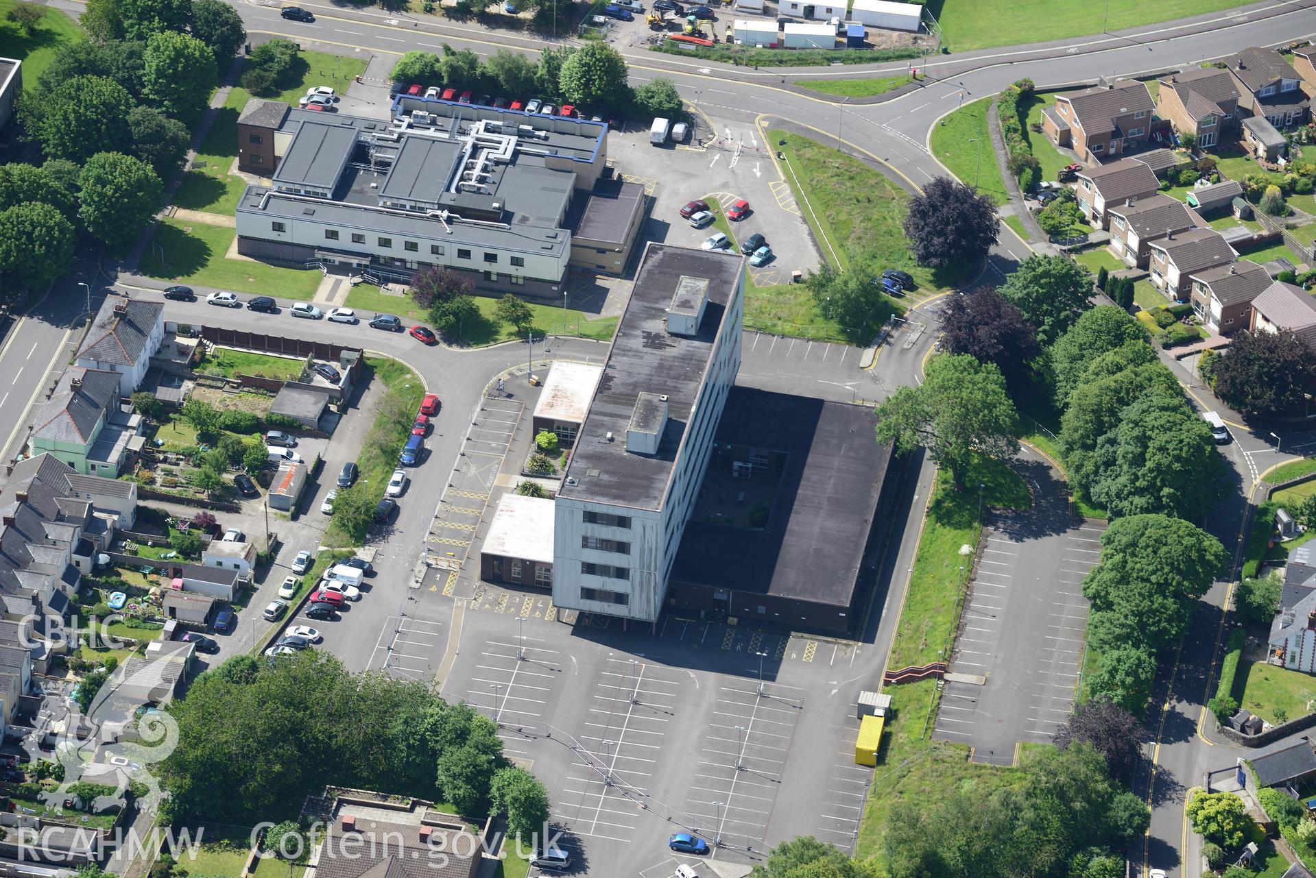Bridgend Magistrates Court and other County Offices, Bridgend. Oblique aerial photograph taken during the Royal Commission's programme of archaeological aerial reconnaissance by Toby Driver on 19th June 2015.