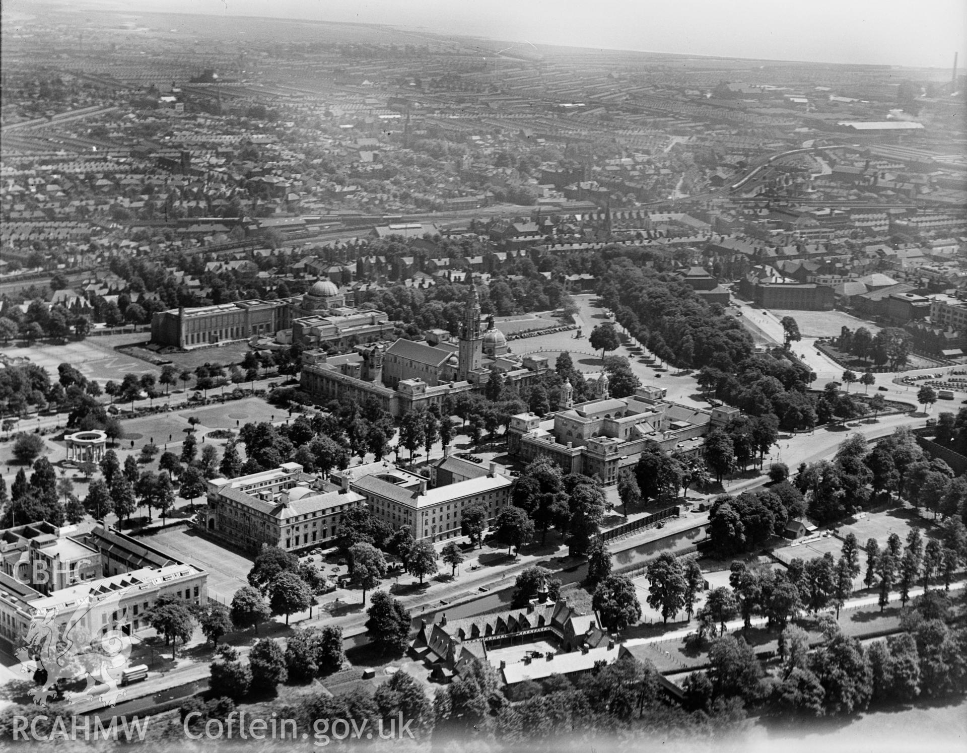 General view of Cathays Park, Cardiff, oblique aerial view. 5?x4? black and white glass plate negative.