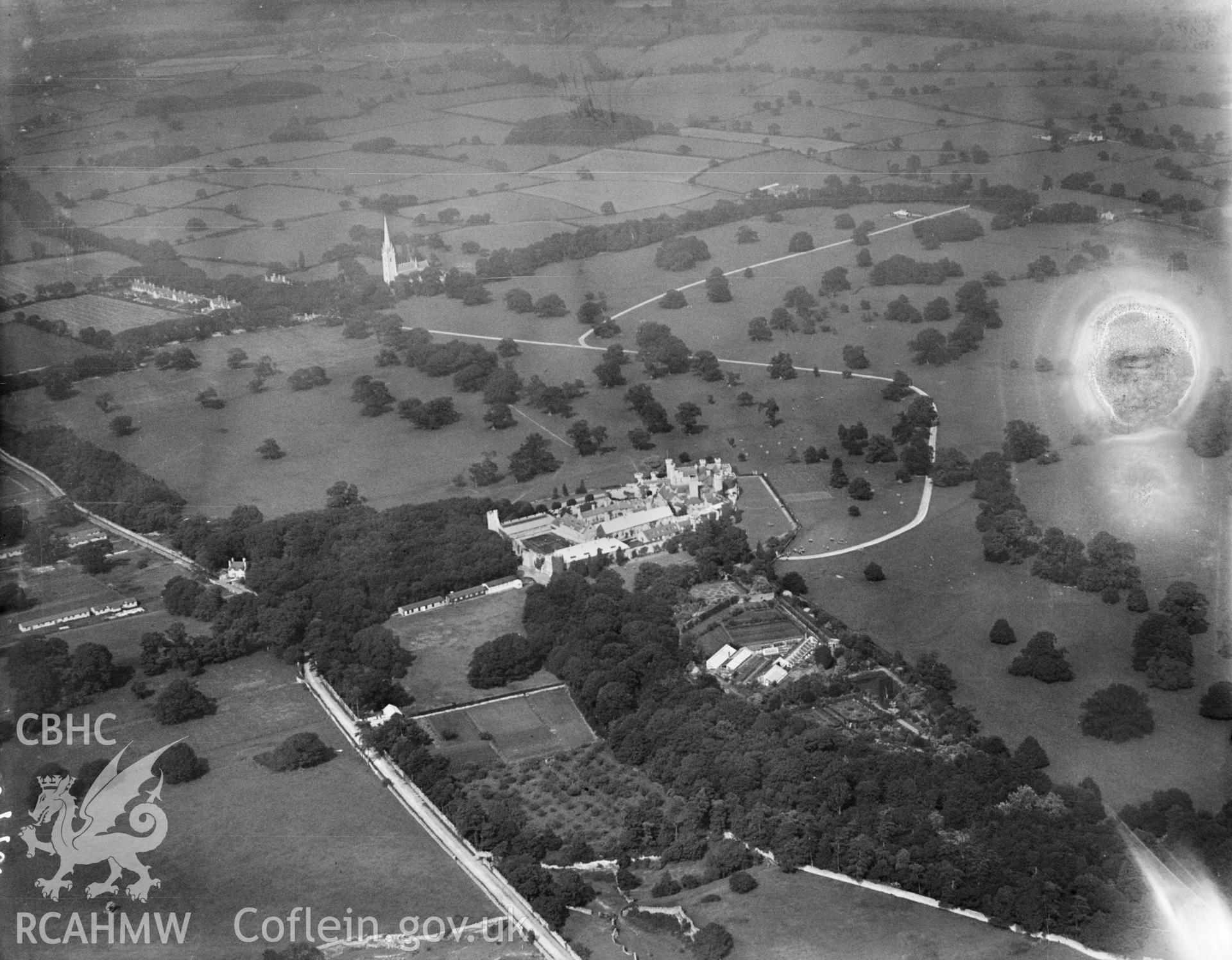 View of Bodelwyddan Castle showing Kimnel military camp in the far left, oblique aerial view. 5?x4? black and white glass plate negative.