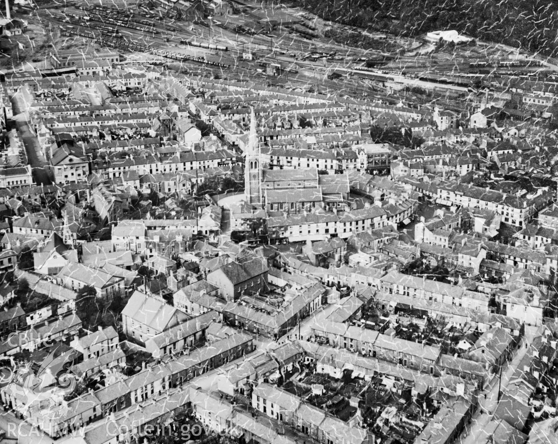 View of Aberdare showing St Elvan's church. Oblique aerial photograph, 5?x4? BW glass plate.
