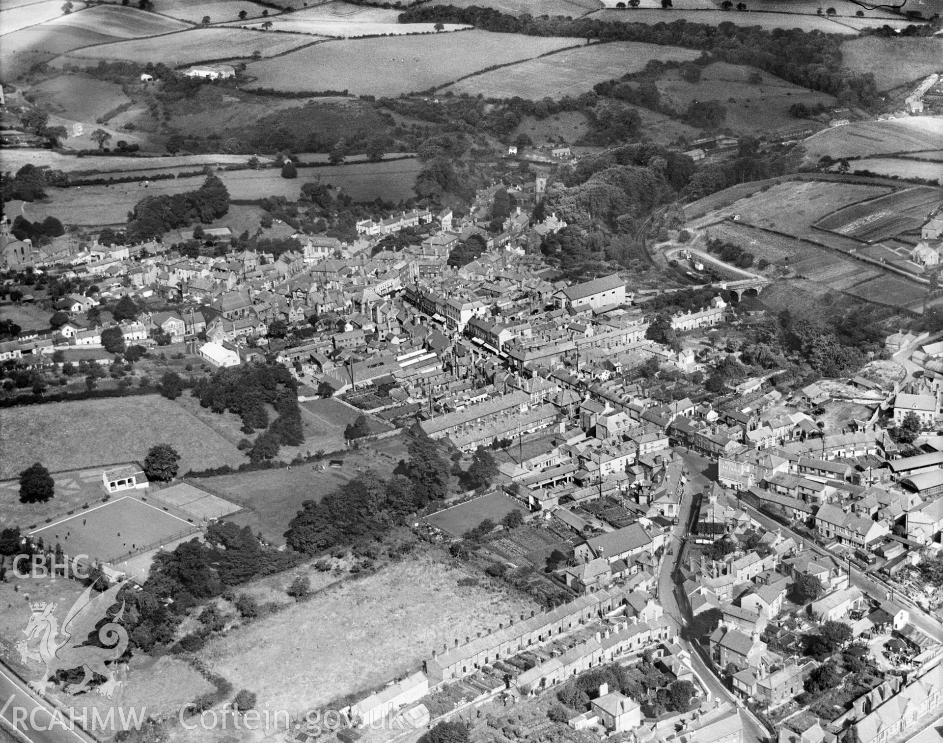 View of Holywell, showing football ground, oblique aerial view. 5?x4? black and white glass plate negative.