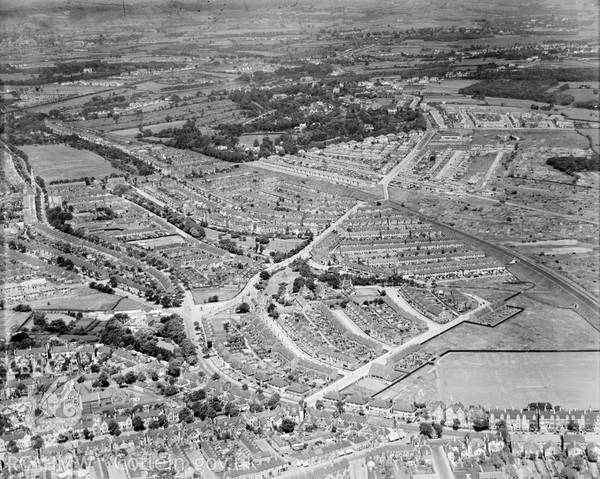 View of a residential area of Cardiff, oblique aerial view. 5?x4? black and white glass plate negative.