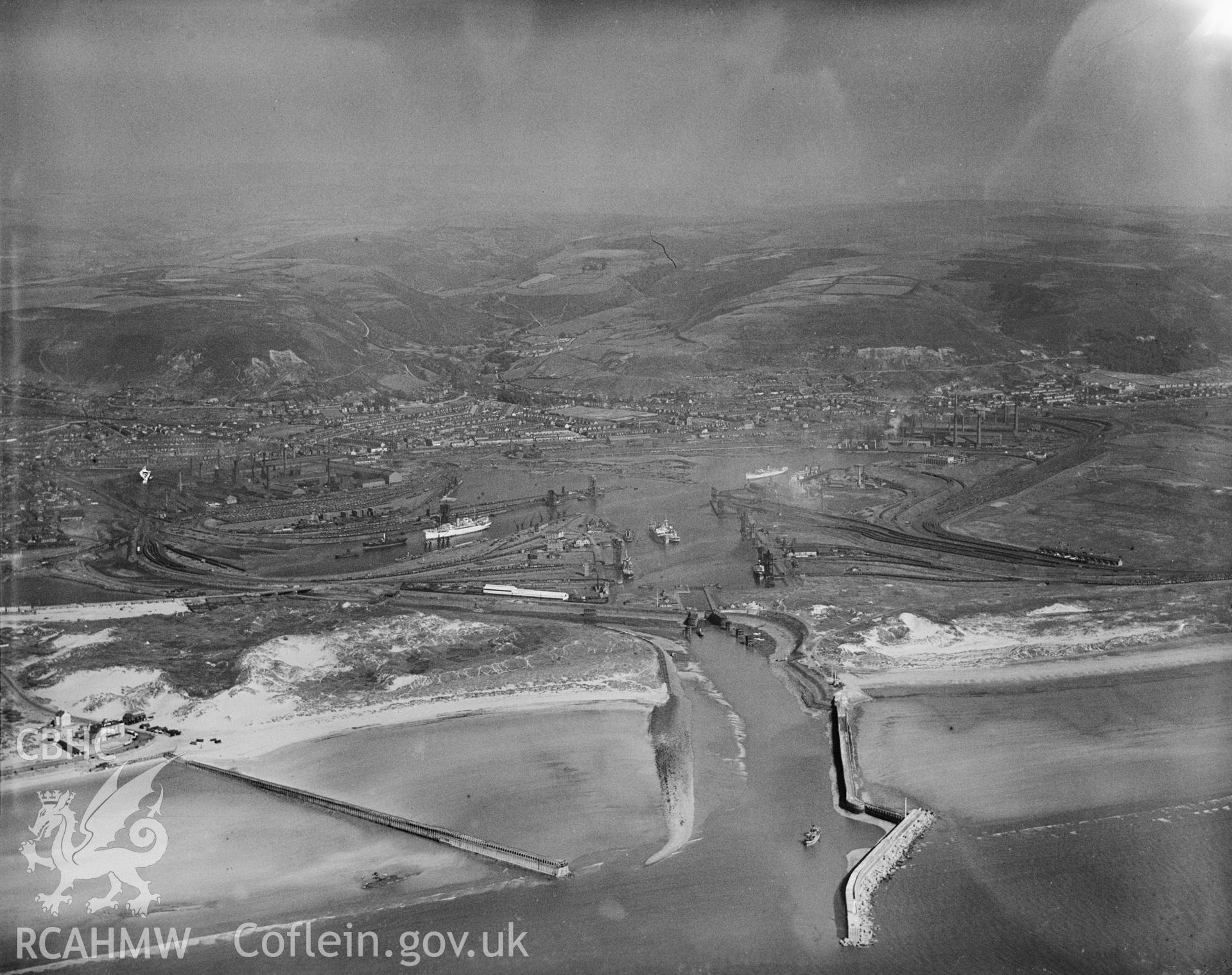 Port Talbot docks Great Western Railway, oblique aerial view.