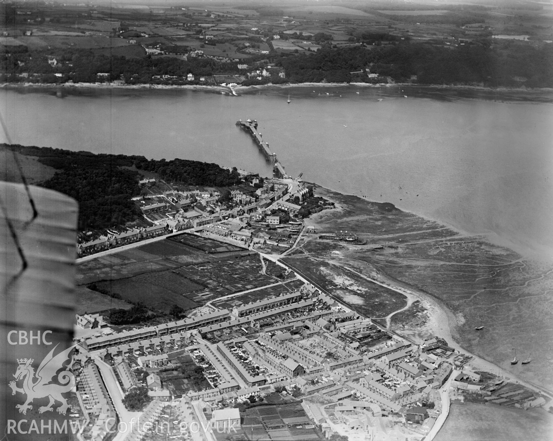 View of Bangor showing pier, oblique aerial view. 5?x4? black and white glass plate negative.