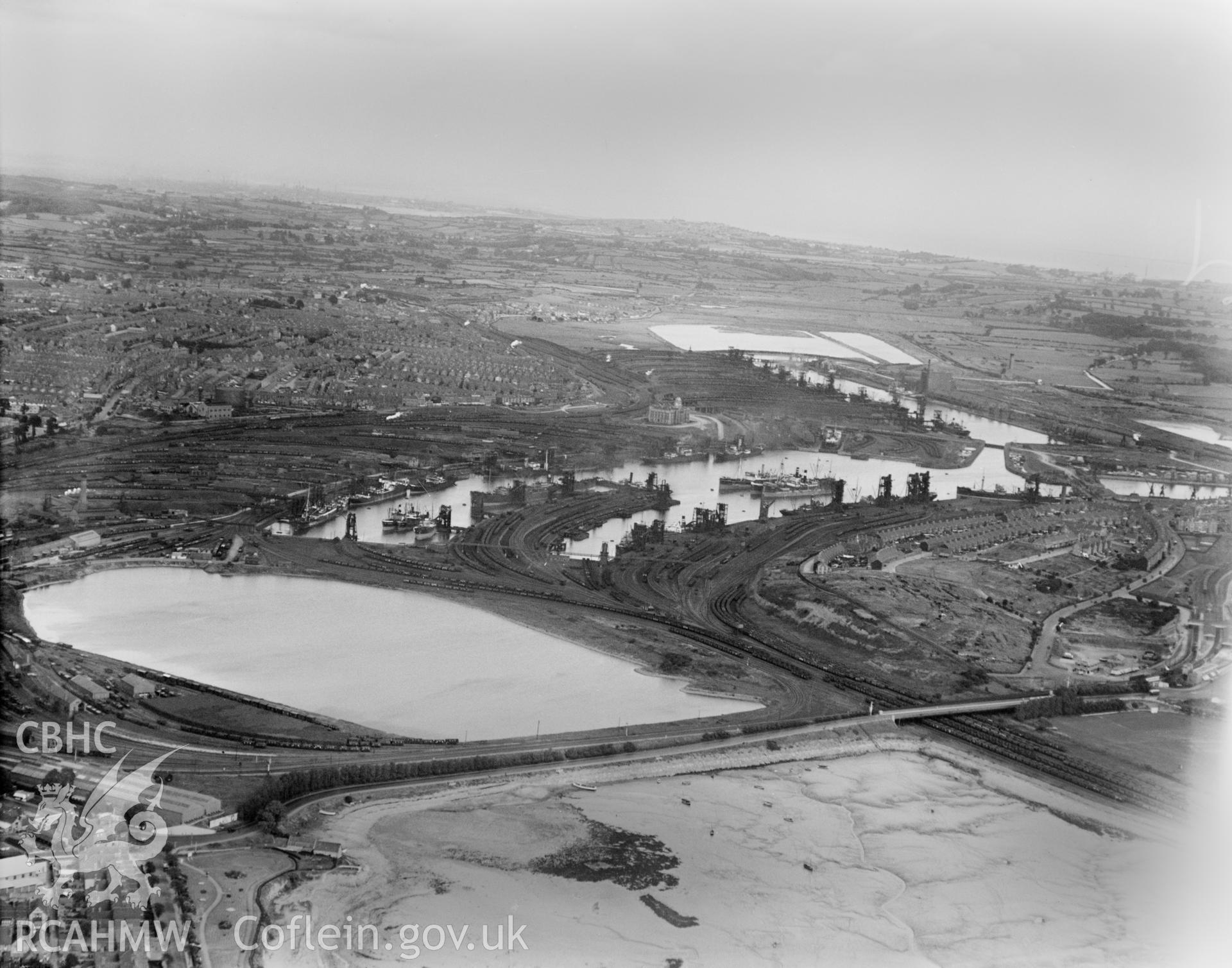 Distant view of Barry, docks and town, oblique aerial view. 5?x4? black and white glass plate negative.