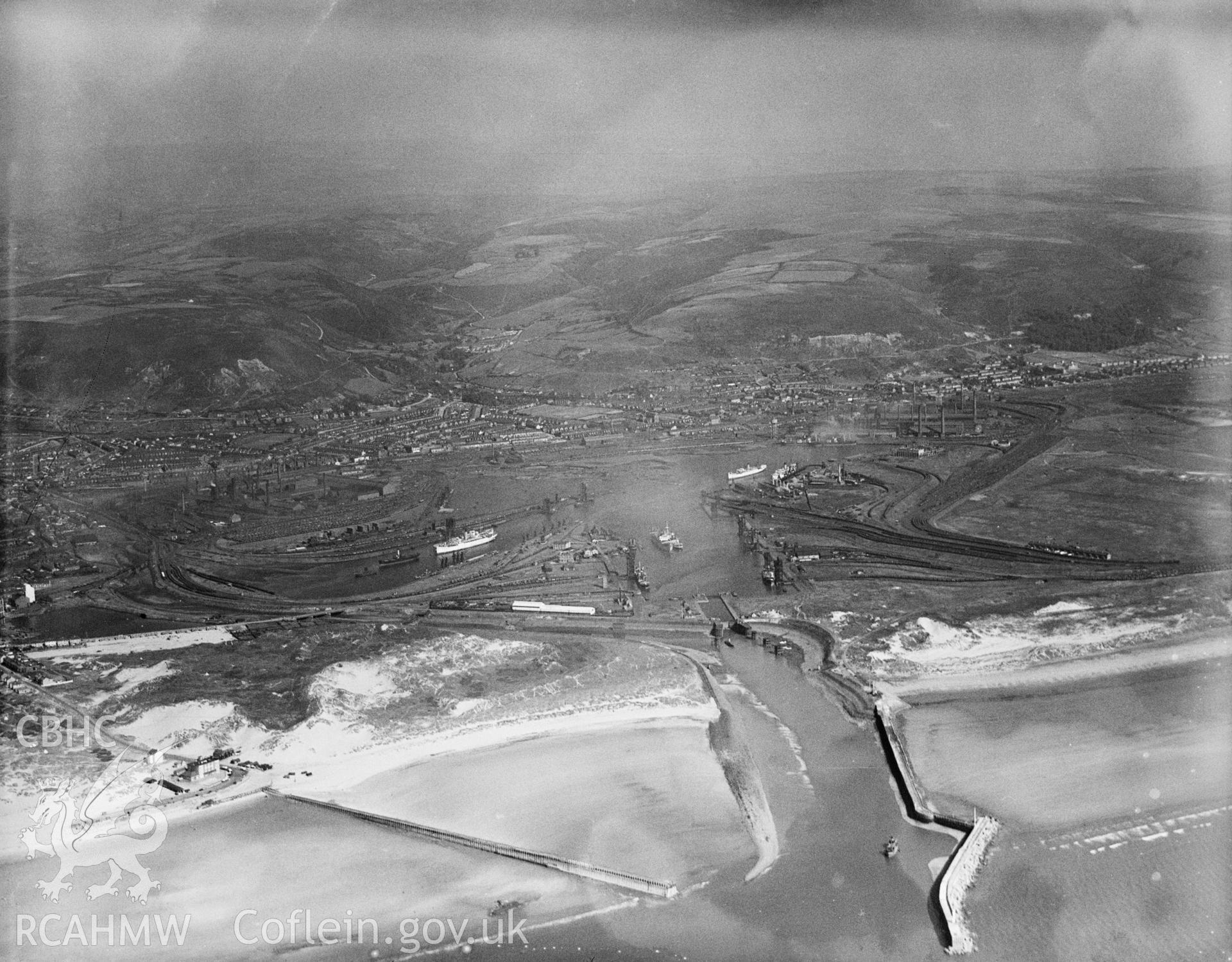 Port Talbot docks Great Western Railway, oblique aerial view.