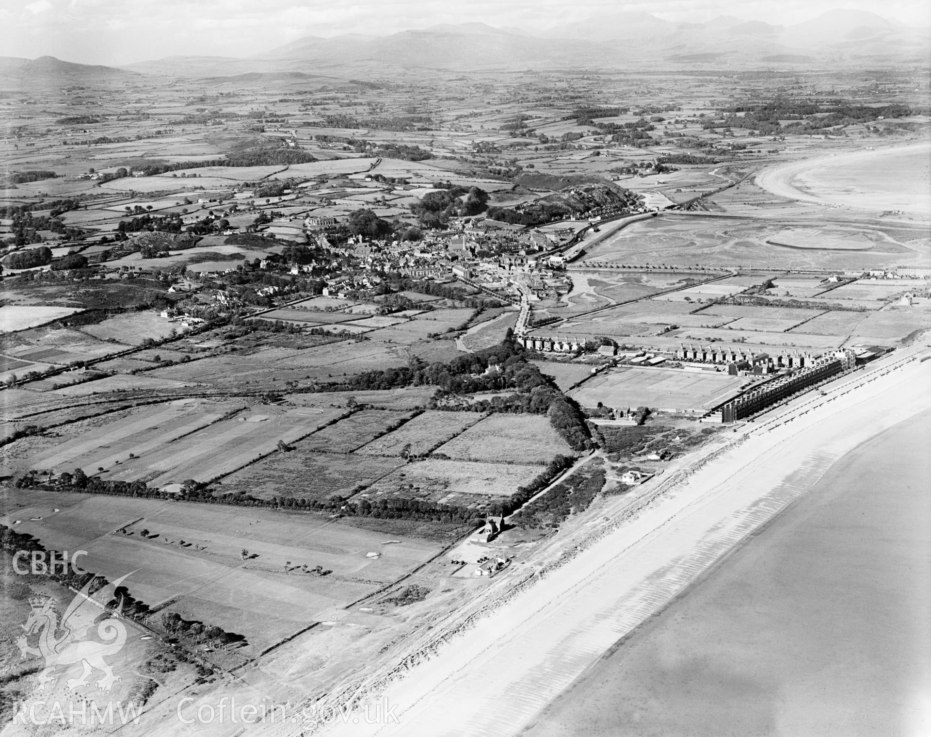 View of Pwllheli showing promenade, oblique aerial view. 5?x4? black and white glass plate negative.