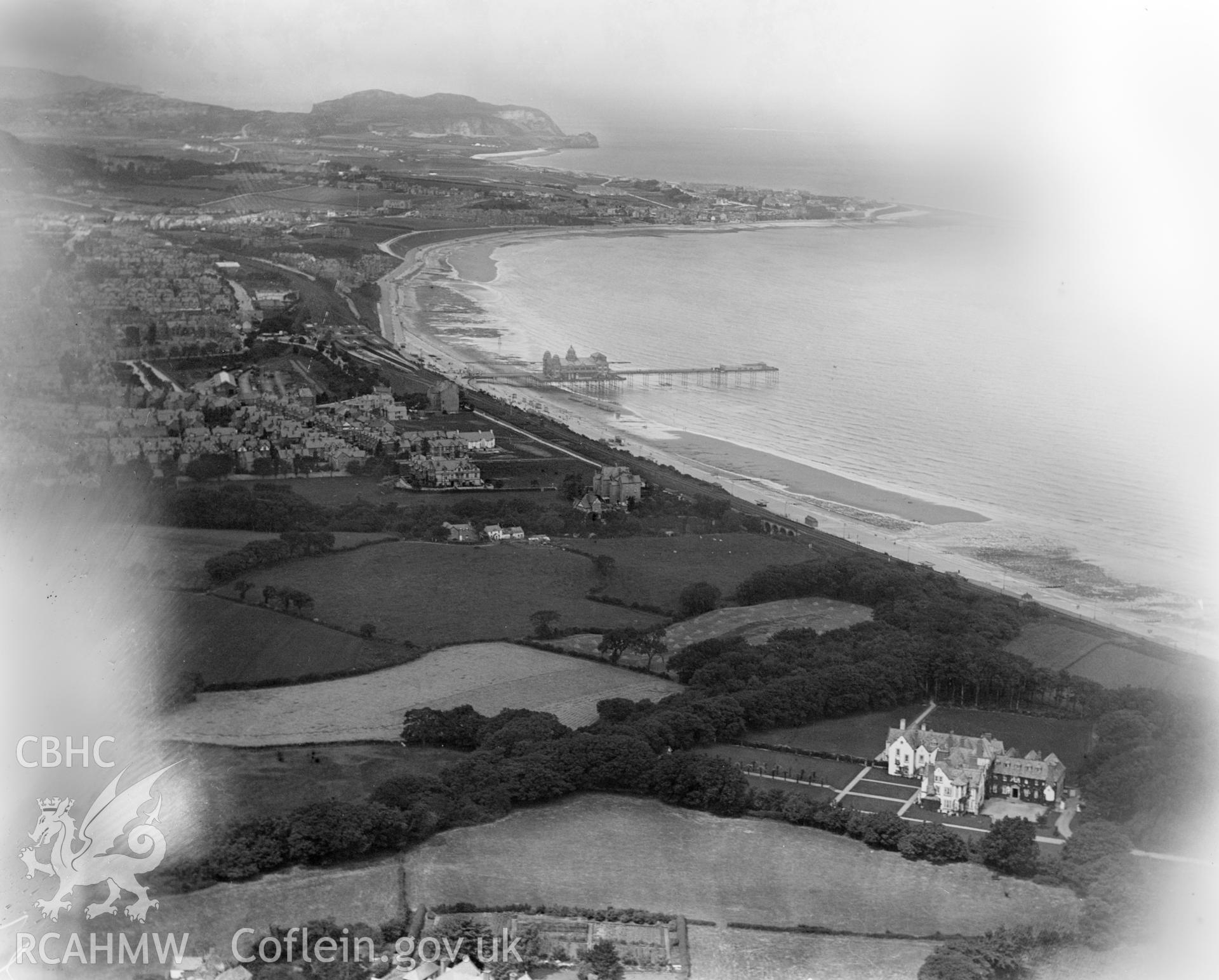 General view of Colwyn Bay showing pier and Glan-y-Don, oblique aerial view. 5?x4? black and white glass plate negative.