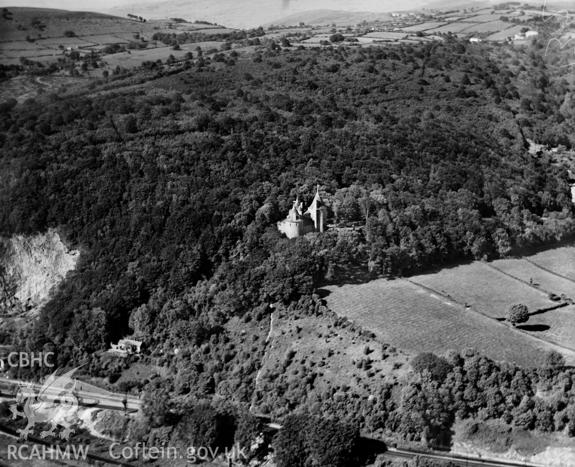 View of Castell Coch, Tongwynlais, oblique aerial view. 5?x4? black and white glass plate negative.