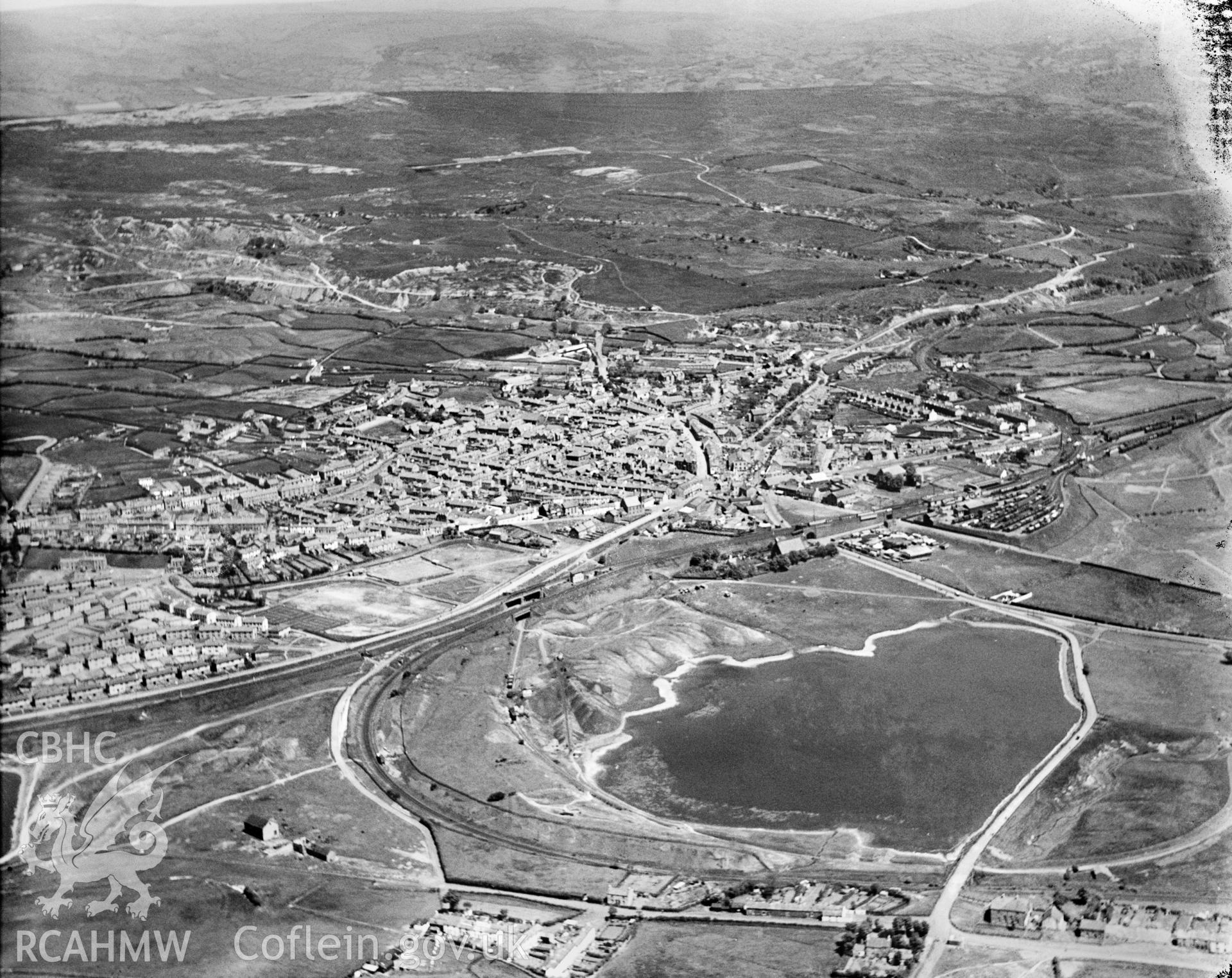 View of Brynmawr showing reservoir, oblique aerial view. 5?x4? black and white glass plate negative.