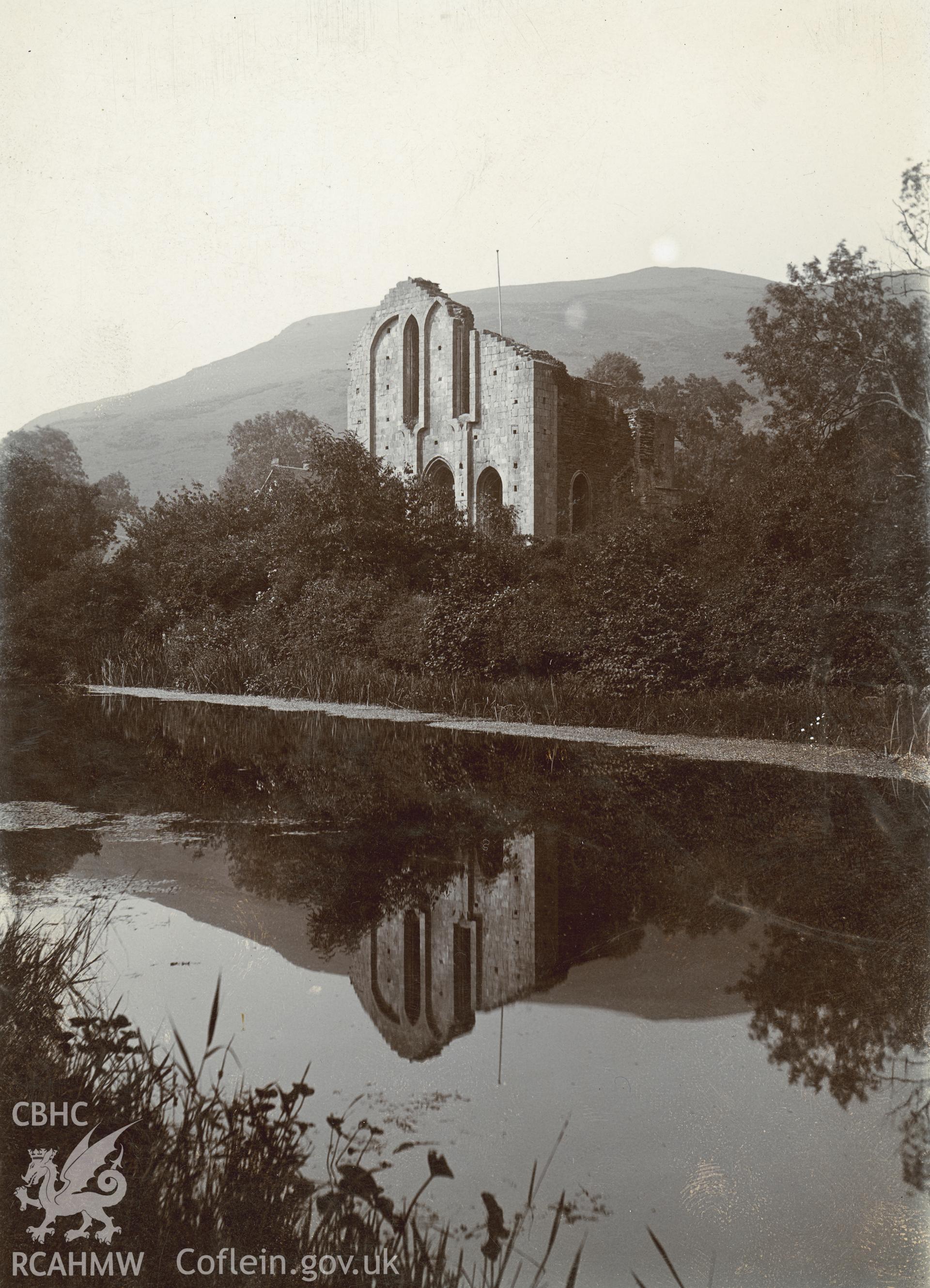 Digital copy of a black and white print showing gable elevation of Valle Crucis Abbey, photo by Fletcher Moss, copyright: Manchester Library.